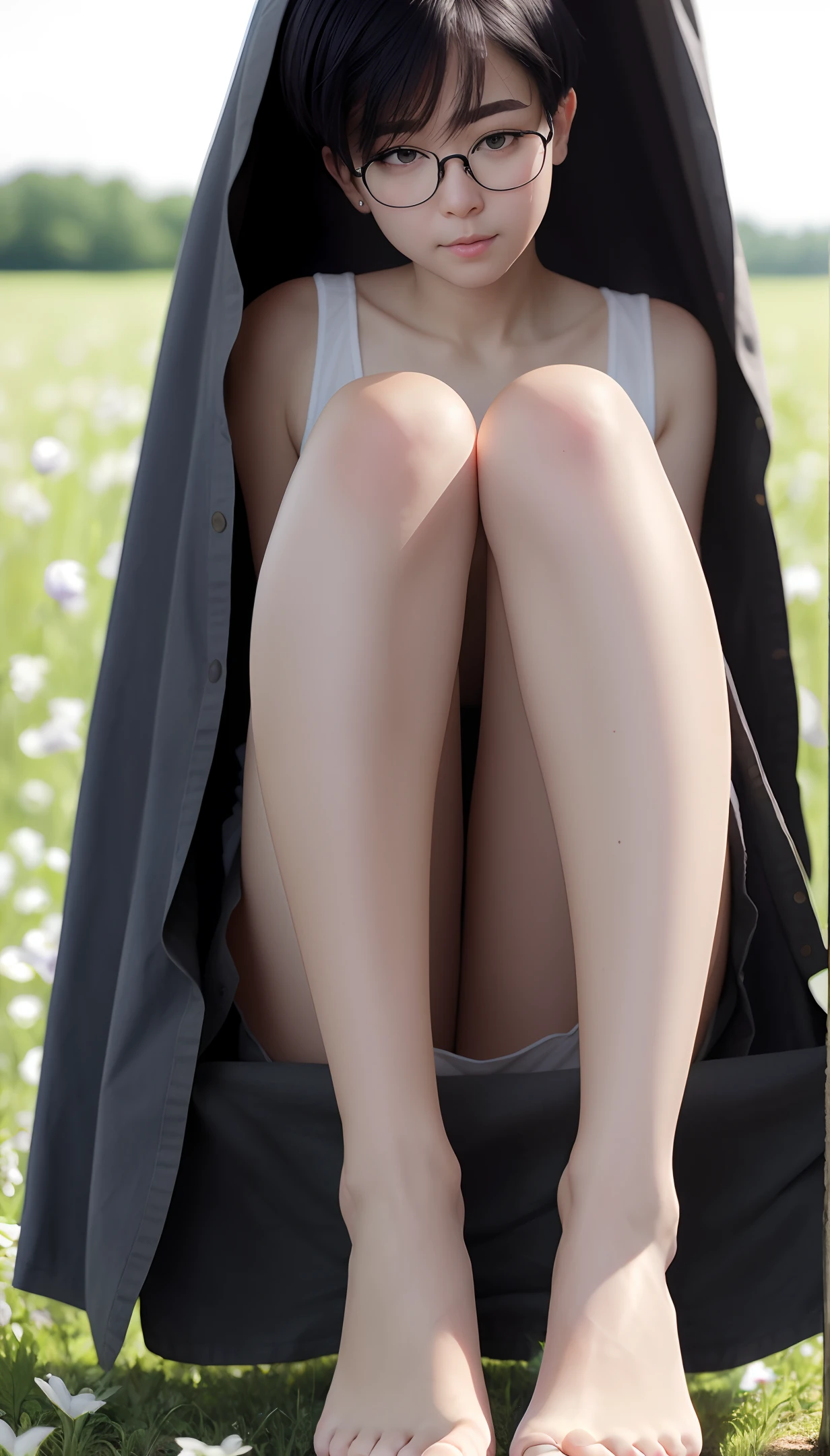 Highest Quality, Full Body Detail, Golden Ratio, Distressed, Masterpiece, RAW Photo (Black Straight Short Hair) (Pale, Female, Short, Thin, Straight, Bare Legs, Clean Feet, Big Breasts), (Glasses), Persistent full body detail, (wearing tattered clothes), (sitting on a field), full body, perfect face, amazing eyes, vivid detail, (high detail skin), sfw, (dark), , aurora, (backlight: 0.5), depth of field, Canon 5D, 50mm lens, f/4 aperture, (super detail), sharp focus, soft colors, 8k, awareness, 8mm film food, war photography
