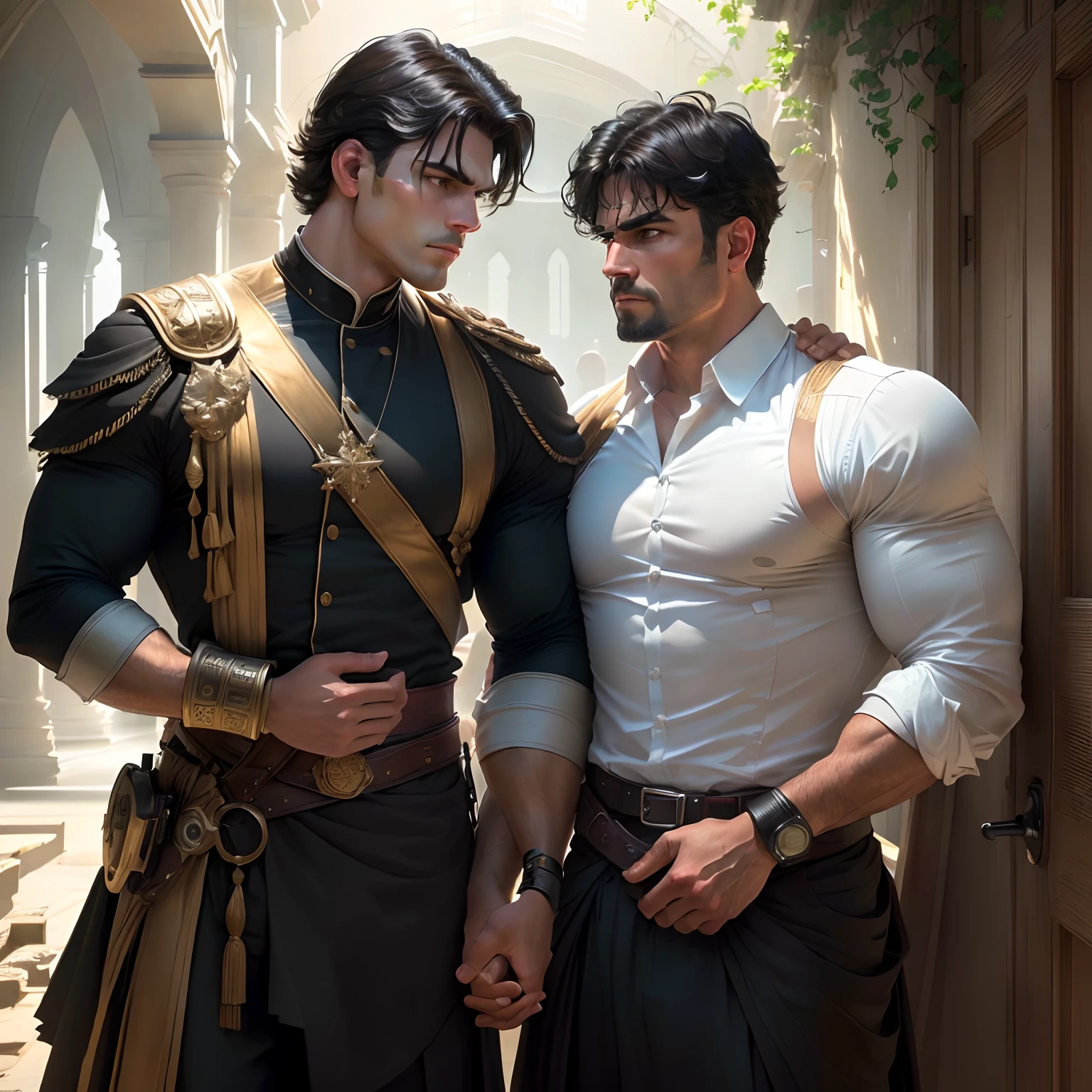 Masterpiece, Best Quality, (Highly Detailed CG Unity 8k Wallpaper), (Best Quality), (Best Illustration), (Best Shadows), (Highest resolution, clear image) Best quality, (two men), ( one man supporting another injured man), masterpiece, high detail, semi-realistic, black short hair, black hair, bangs, mature, young, tall and strong, serious, handsome and imposing, exquisite facial features, (slight downward angle).