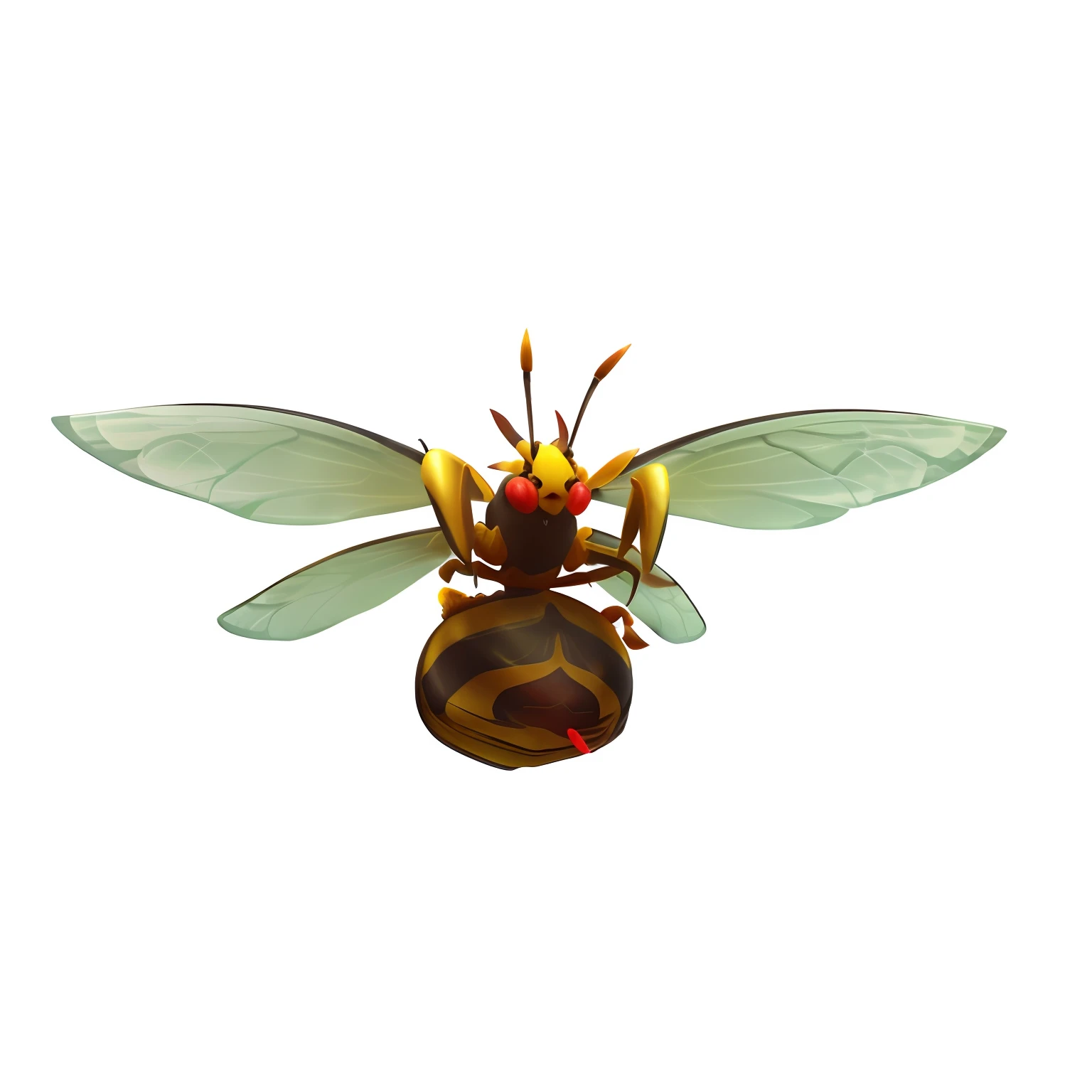Super detailed CG illustration of a flying bumblebee featuring a beautiful yellow shell, black and white pattern, transparent wings with realistic red eyes, thick raised forelimbs, detailed antennae, and red spikes on the tail