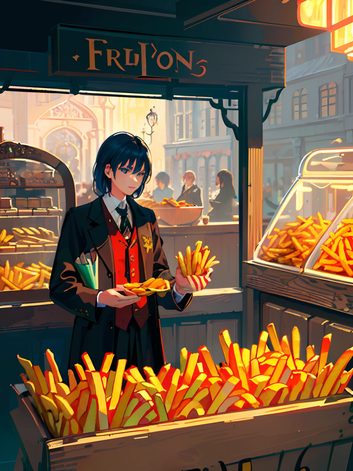 [(transparent background: 1.5)::5],(((masterpiece))),(((best quality))),(((extremely detailed))),illustration, mysterious,vivid color, shiny , (impressionism: 1.4), Pret A Manger, (French Fries), Family Barrel, (Fish and Chips), (snack bar), (food stand), london, (Harry Potter style), wizarding world style, restaurant, food, food service, typography, mysterious fonts,