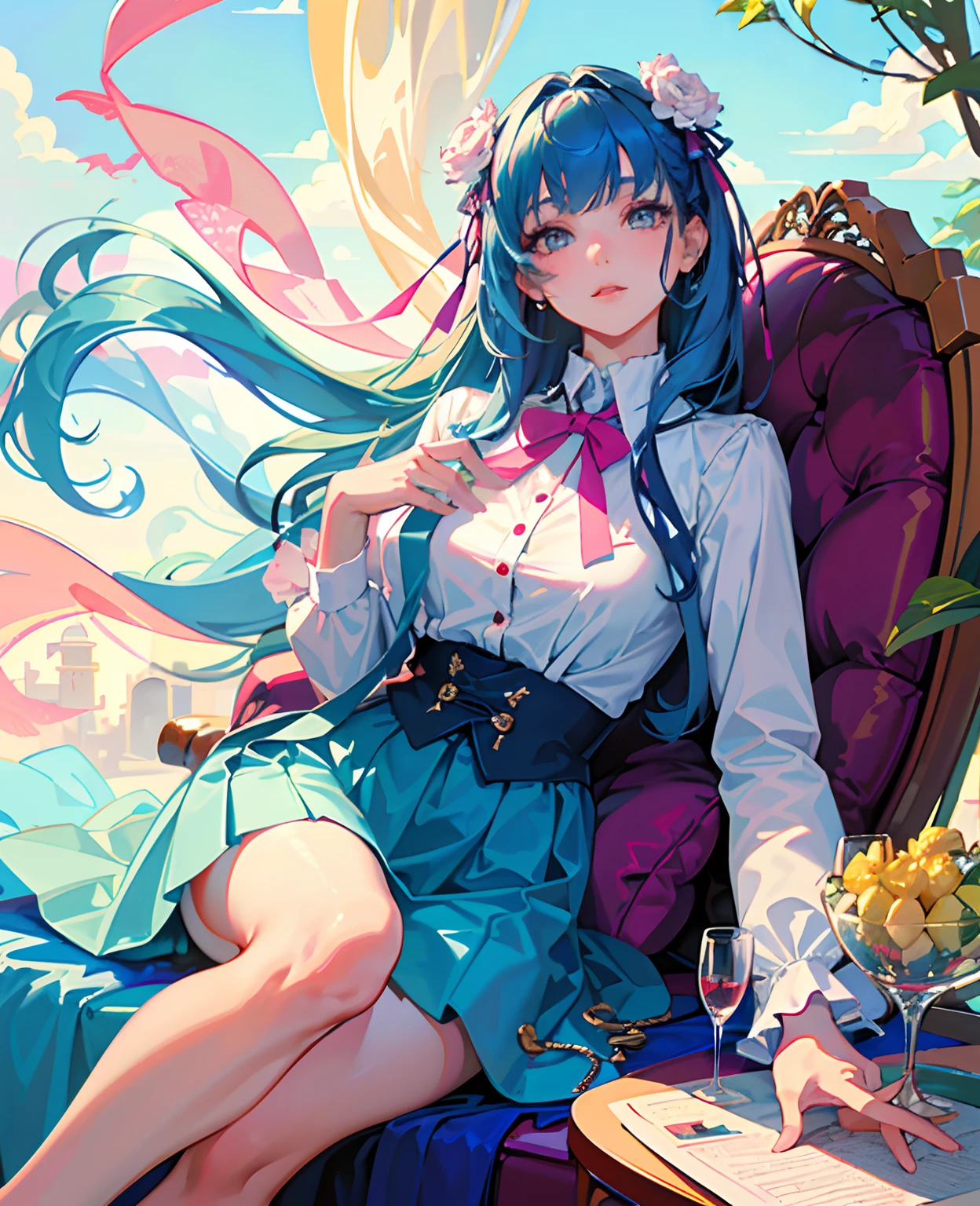 (detailed beautiful eyes and detailed face, masterpiece side light, masterpiece, best quality, detailed, high resolution illustration), (1 girl, beautiful girl, shiny skin, looking down, looking at viewer),, (sky blue hair, pink colored eyes, skirt, ribbon, button- shirt)