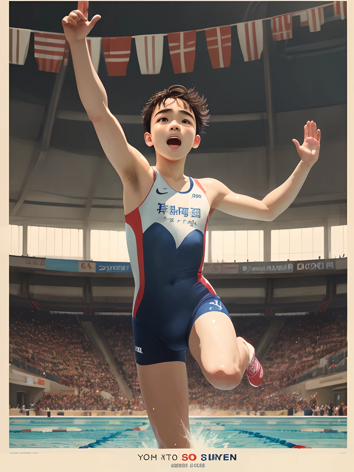 (one poster), youth day, delicate, super detailed, illustration, a swimmer, winning, raising hands and cheering, wide angle shot, upward shot, (away from the camera), full body,