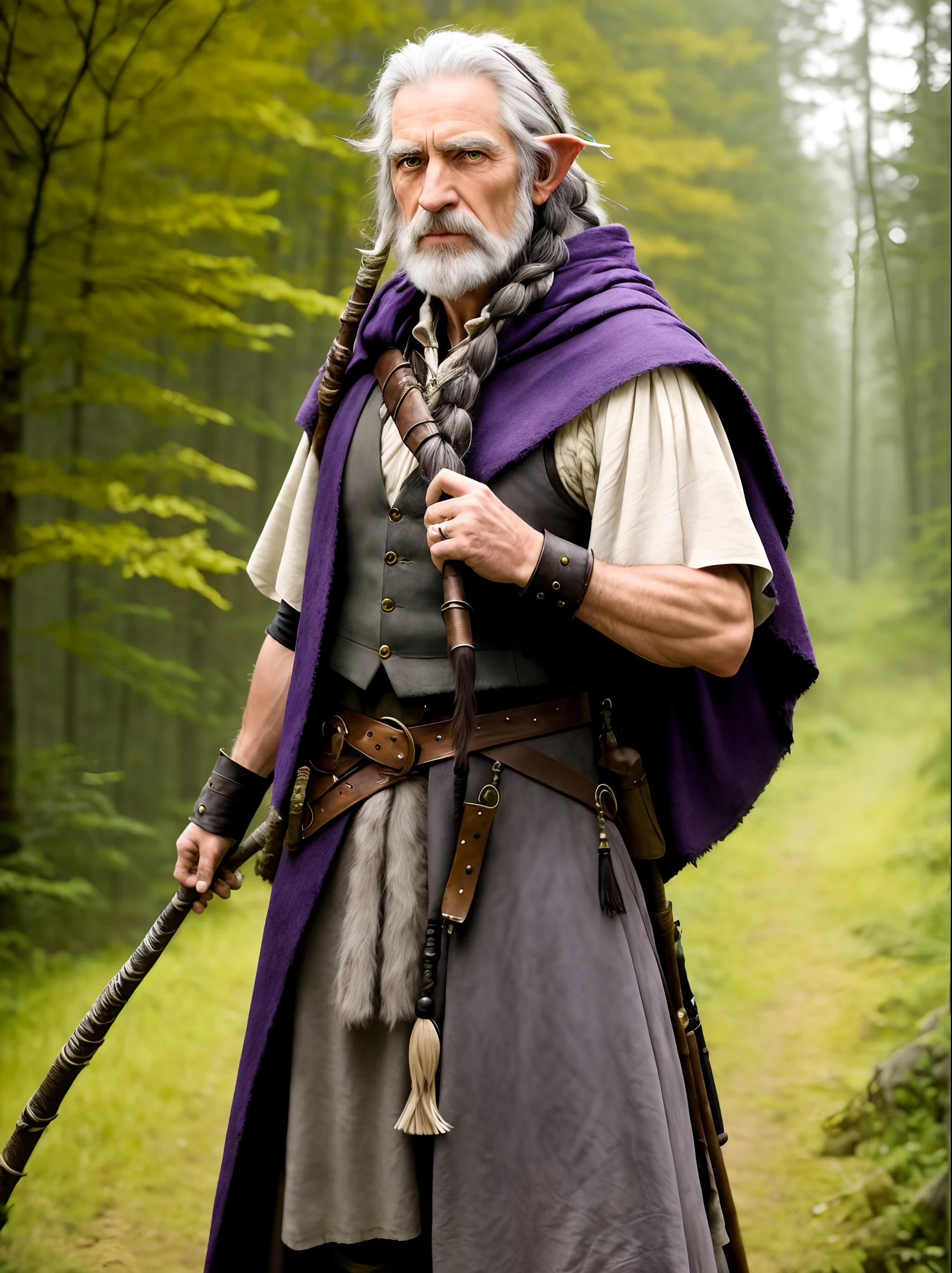 An extremely detailed 8k wallpaper of an aged male half-elf shepherd circle druid. He has pale purple pupils, a gaunt appearance, and messy braided dark gray hair with many strands unbound. He is wearing a leather vest and a tattered hooded cloak, holding a wooden staff and carrying a brown satchel on his back. A scruffy sparrow perches on his shoulder.