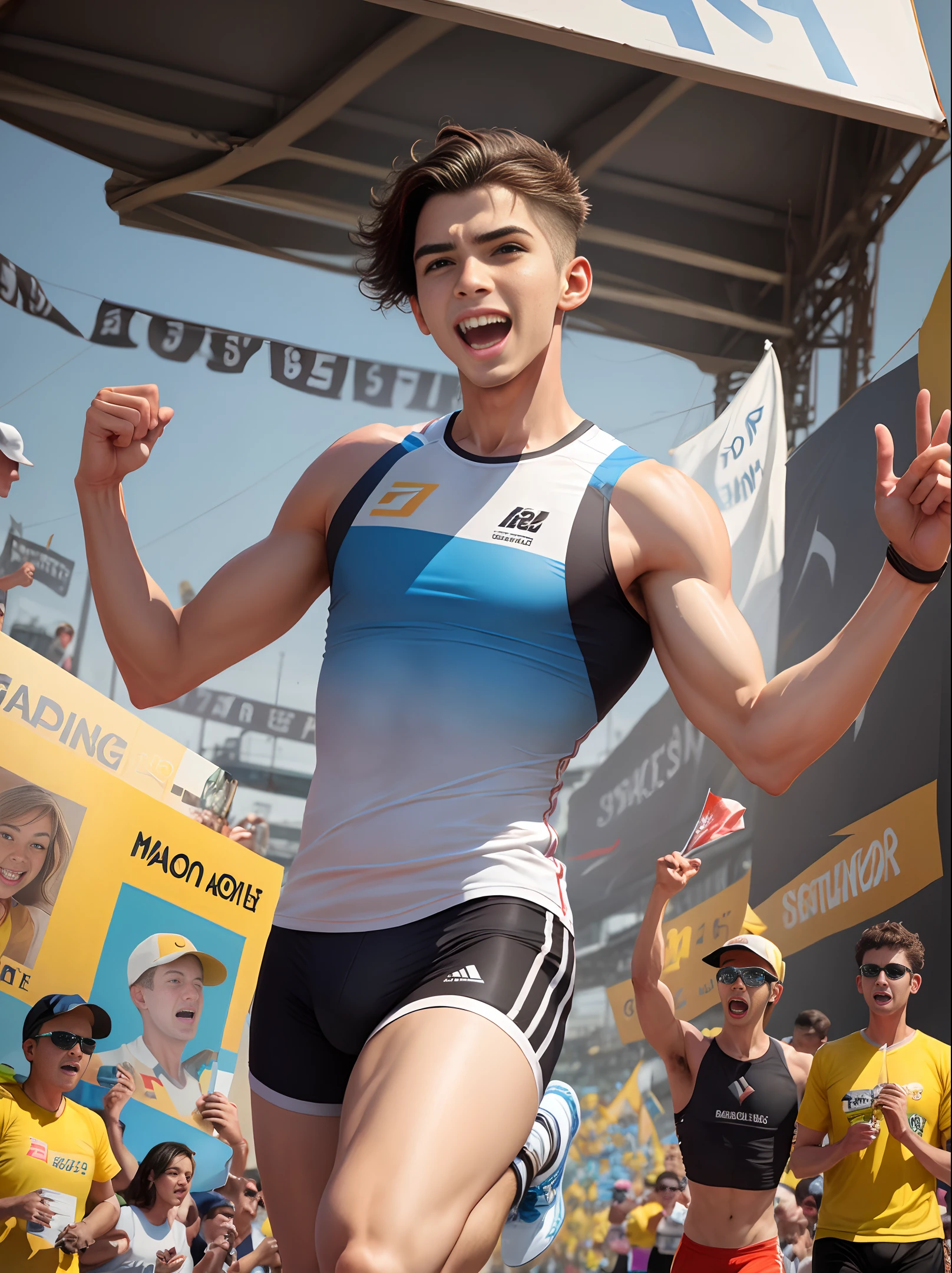 ((poster)) A young man in sportswear, crossing the finish line, marathon, cheering, celebrating, spectators