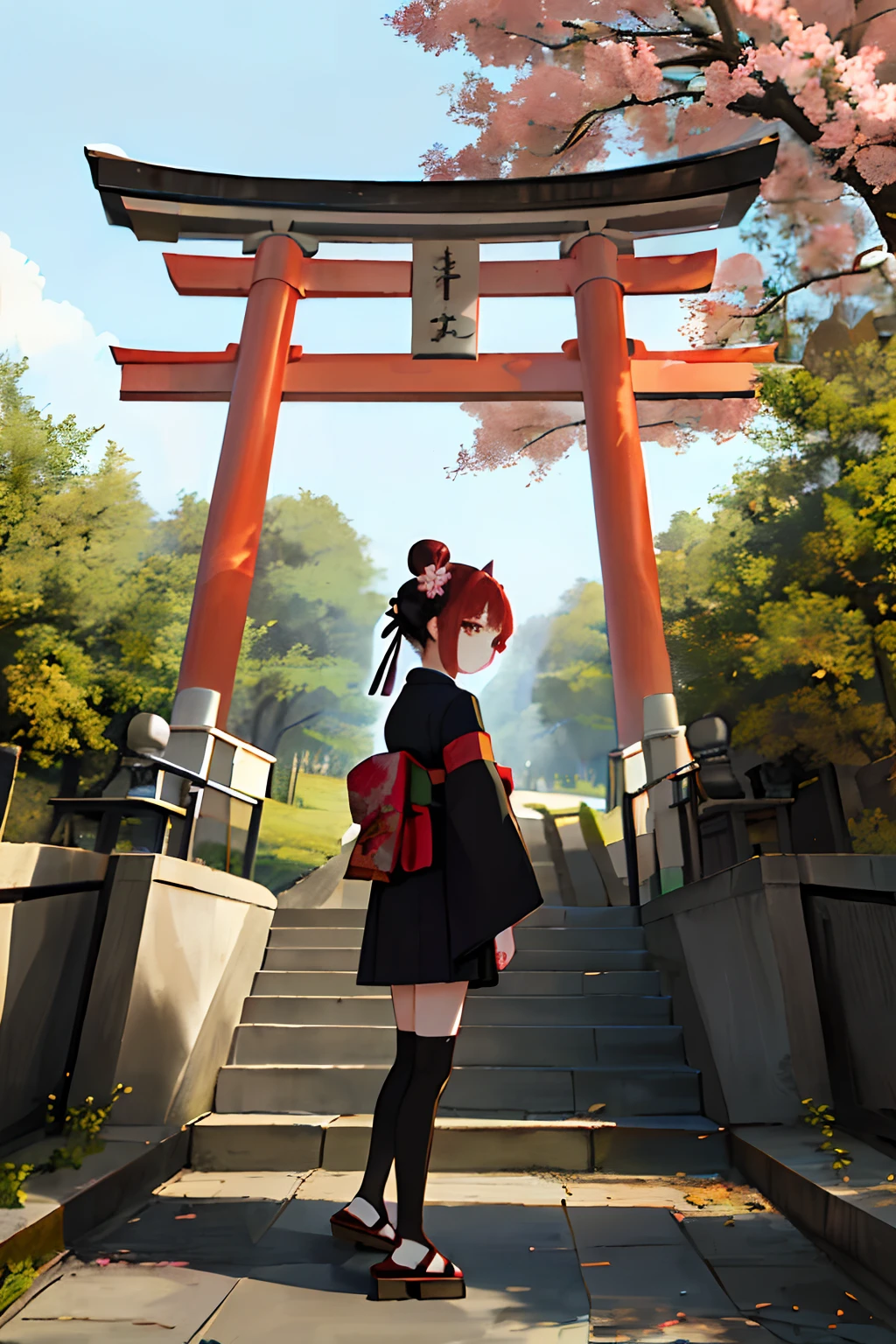 ((masterpiece,best quality)),2girls, black kimono, black legwear, black ribbon, black hair, cherry blossoms, day, flower, hair bun, hair ribbon, japanese clothes, kimono, long hair, looking at viewer, looking back, multiple girls, obi, outdoors, red eyes, red hair, ribbon, sandals, single hair bun, stairs, standing, statue, torii, tree, white kimono, yellow eyes