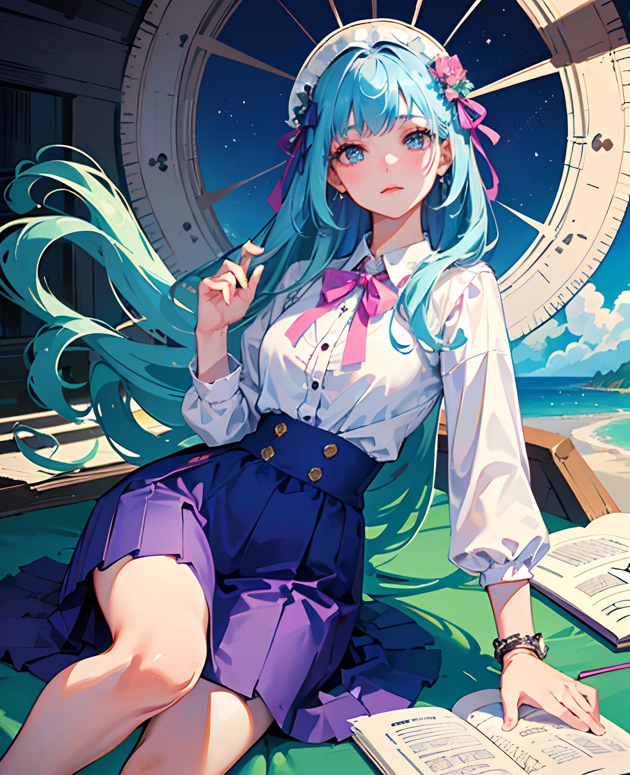 (detailed beautiful eyes and detailed face, masterpiece side light, masterpiece, best quality, detailed, high resolution illustration), (1 girl, beautiful girl, shiny skin, looking down, looking at viewer),, (sky blue hair, pink colored eyes, skirt, ribbon, button- shirt)