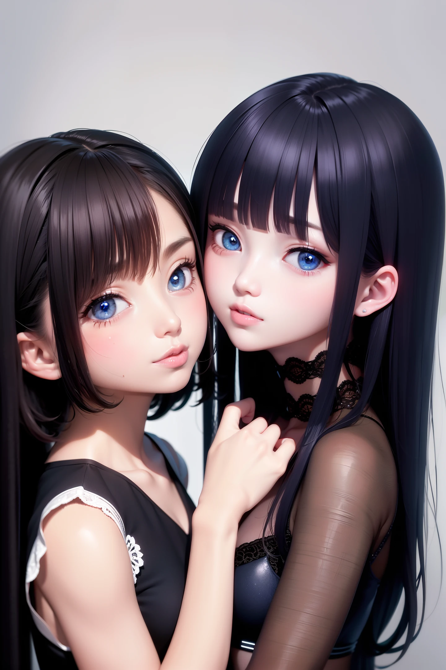 2girls , kissing ,best quality, masterpiece,Black hair, blue eyes, looking up, upper body ,(NSFW)