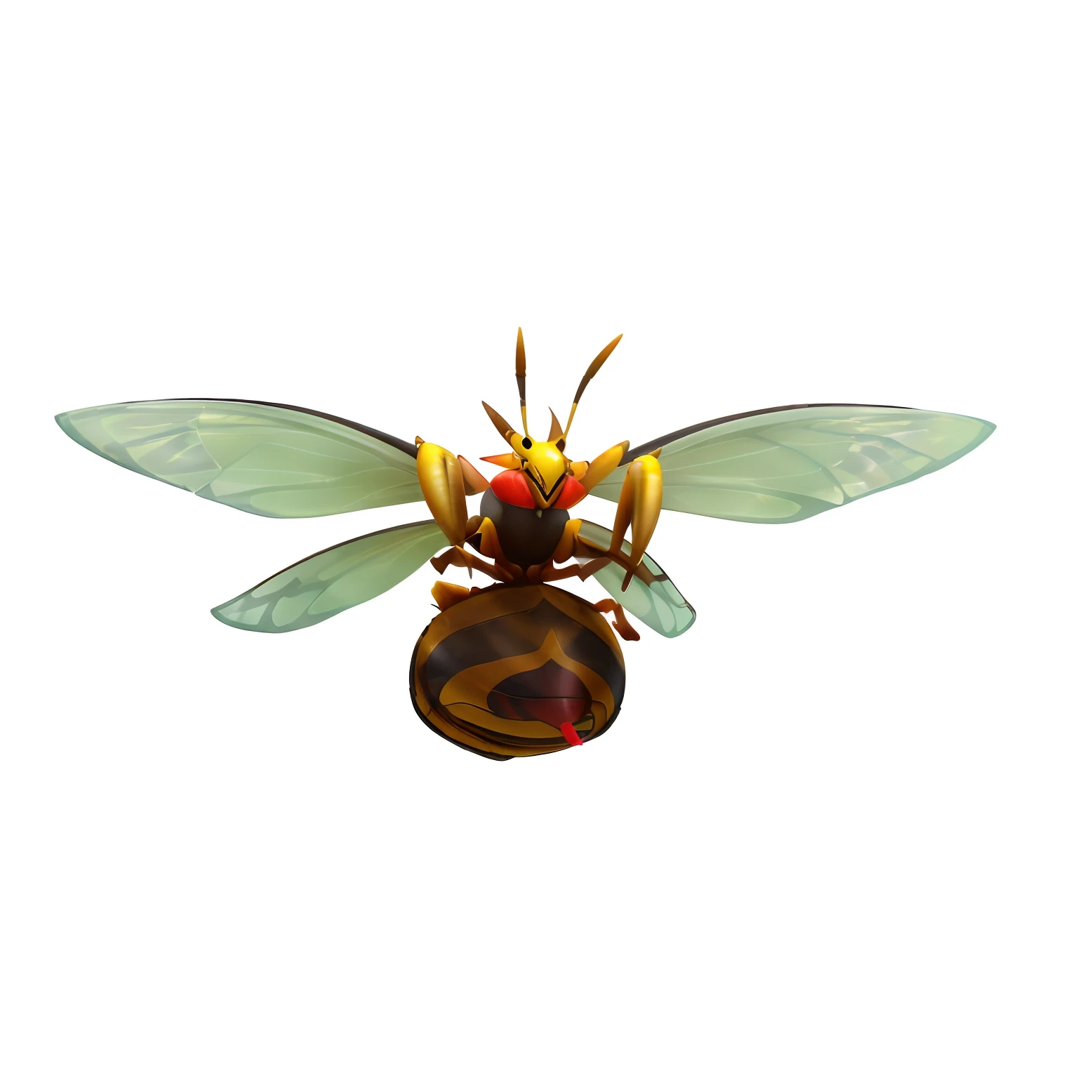 (detailed and beautiful CG illustration with ultra-realistic details: (yellow and black color pattern)|(yellow shell)), transparent wings, (detailed red eyes: 1.2), (thick front legs, detailed antennae and a red-tipped stinger), (flying in the air), (close-up shot), (hyper-realistic lighting and shadows):0.7