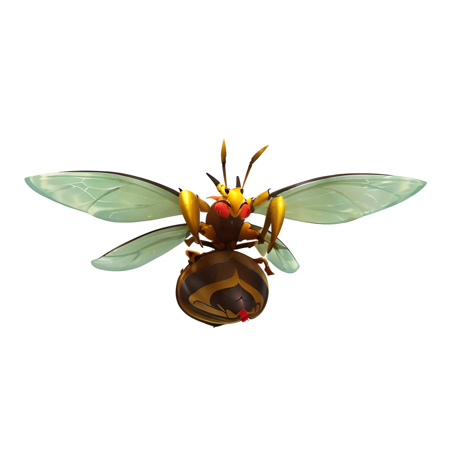 (detailed and beautiful CG illustration with ultra-realistic details: (yellow and black color pattern)|(yellow shell)), transparent wings, (detailed red eyes: 1.2), (thick front legs, detailed antennae and a red-tipped stinger), (flying in the air), (close-up shot), (hyper-realistic lighting and shadows):0.7
