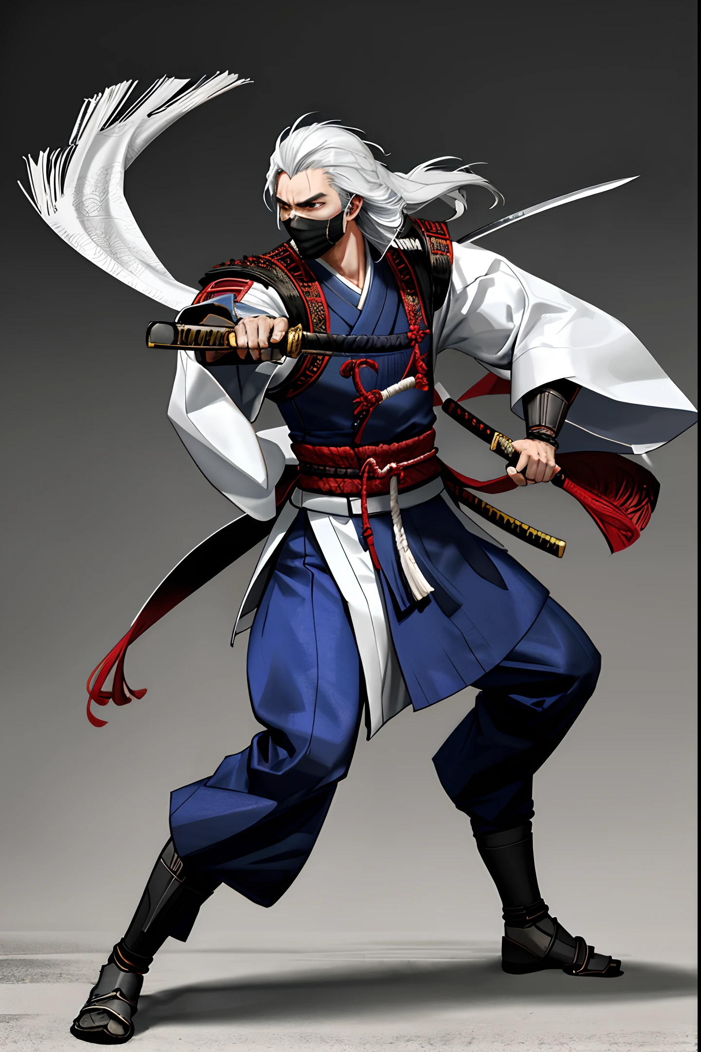 Best quality, high resolution, unique image, detailed background, super detail, martial arts style, 8K, a handsome samurai, holding a long knife in a scabbard, silver hair, wearing a mask, expressive Facial expressions and body movements, fantasy light and shadow, handsome face,