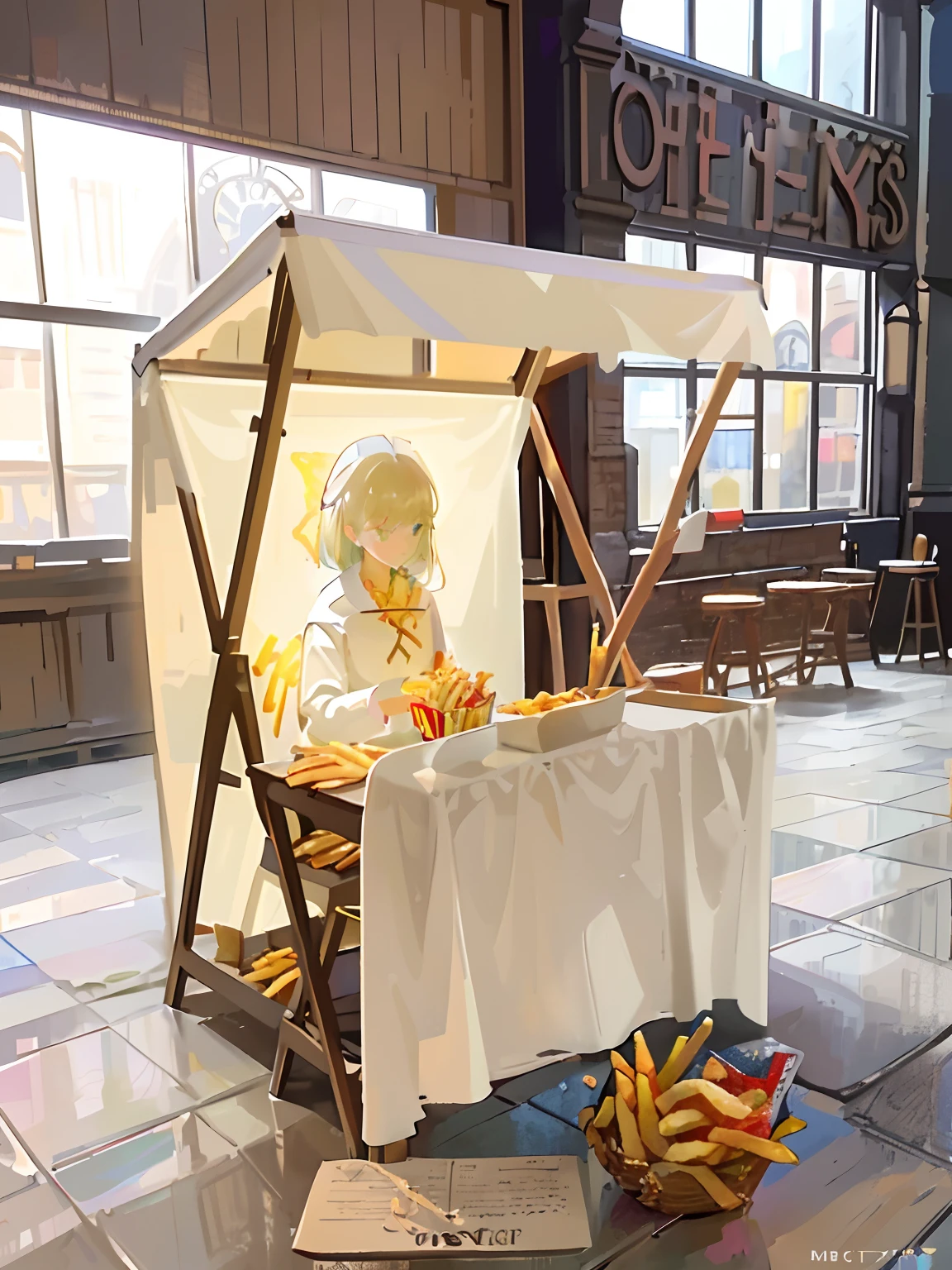 [(transparent background: 1.5)::5],(((masterpiece))),(((best quality))),(((extremely detailed))),illustration, mysterious,vivid color, shiny , (impressionism: 1.4), Pret A Manger, (French Fries), Family Barrel, (Fish and Chips), (snack bar), (food stand), london, (Harry Potter style), wizarding world style, restaurant, food, food service, typography, mysterious fonts,