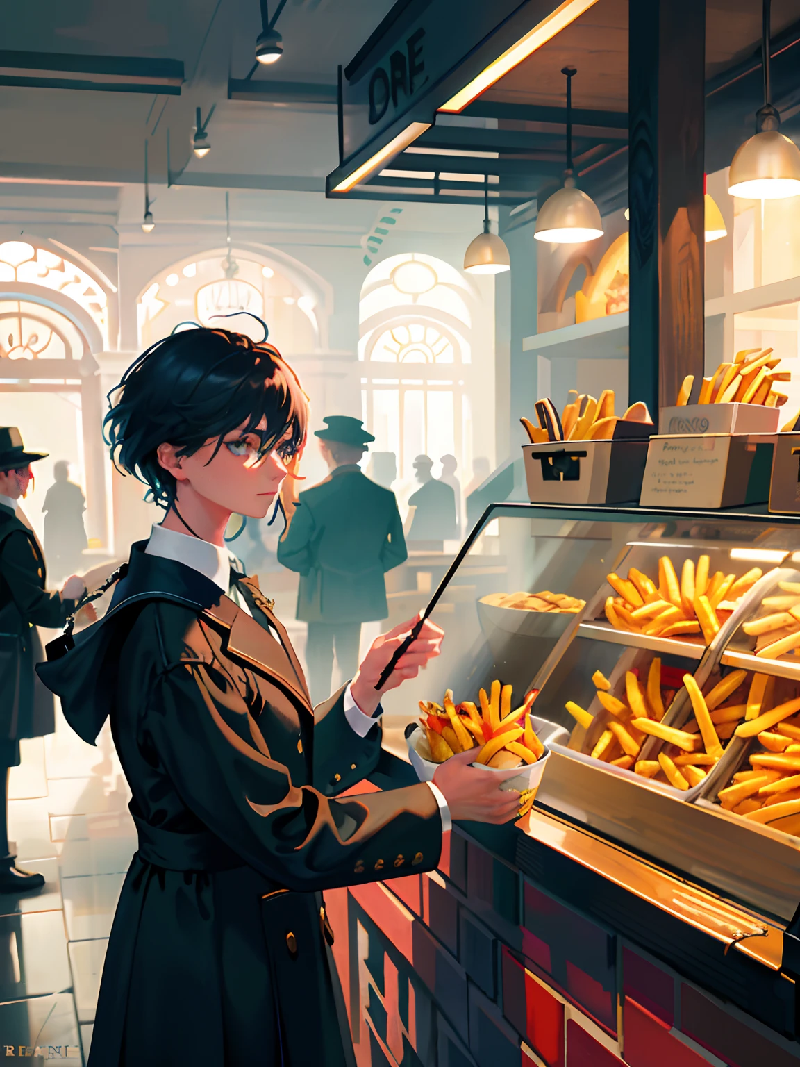 [(transparent background: 1.5)::5],(((masterpiece))),(((best quality))),(((extremely detailed))),illustration, mysterious,vivid color, shiny , (impressionism: 1.4), Pret A Manger, (French Fries), Family Barrel, (Fish and Chips), (snack bar), (food stand), london, (Harry Potter style), wizarding world style, restaurant, food, food service, typography, mysterious fonts, Peaky Blinders
