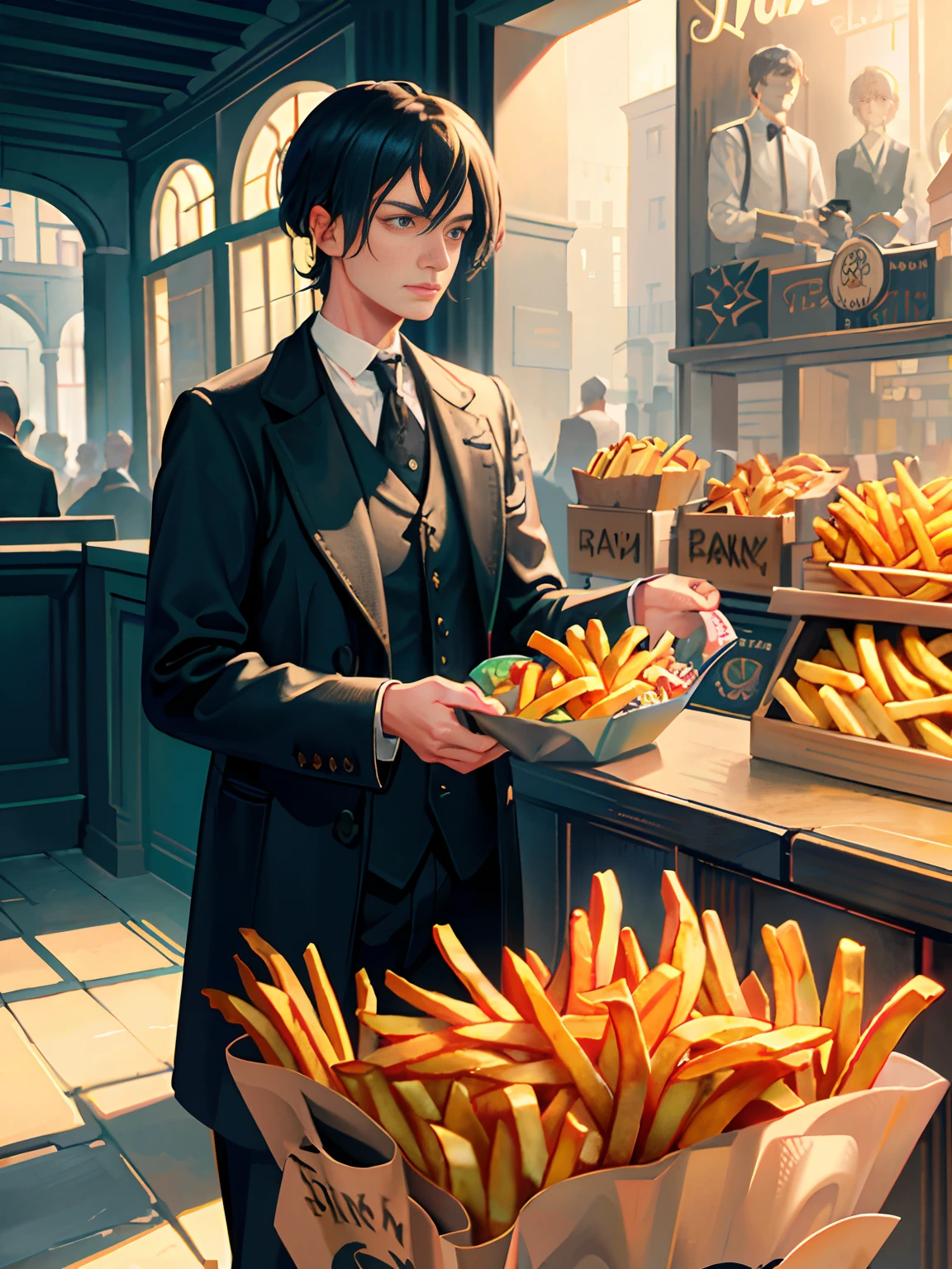 [(transparent background: 1.5)::5],(((masterpiece))),(((best quality))),(((extremely detailed))),illustration, mysterious,vivid color, shiny , (impressionism: 1.4), Pret A Manger, (French Fries), Family Barrel, (Fish and Chips), (snack bar), (food stand), london, (Harry Potter style), wizarding world style, restaurant, food, food service, typography, mysterious fonts, Peaky Blinders