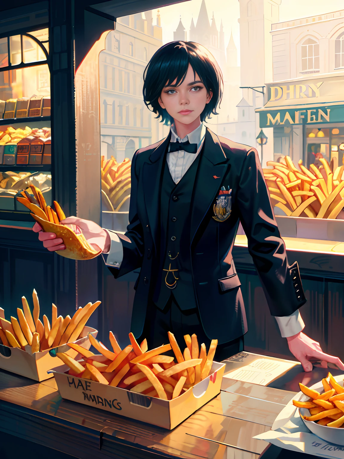 [(transparent background: 1.5)::5],(((masterpiece))),(((best quality))),(((extremely detailed))),illustration, mysterious,vivid color, shiny , (impressionism: 1.4), Pret A Manger, (French Fries), Family Barrel, (Fish and Chips), (snack bar), (food stand), london, (Harry Potter style), wizarding world style, restaurant, food, food service, typography, mysterious fonts, Peaky Blinders