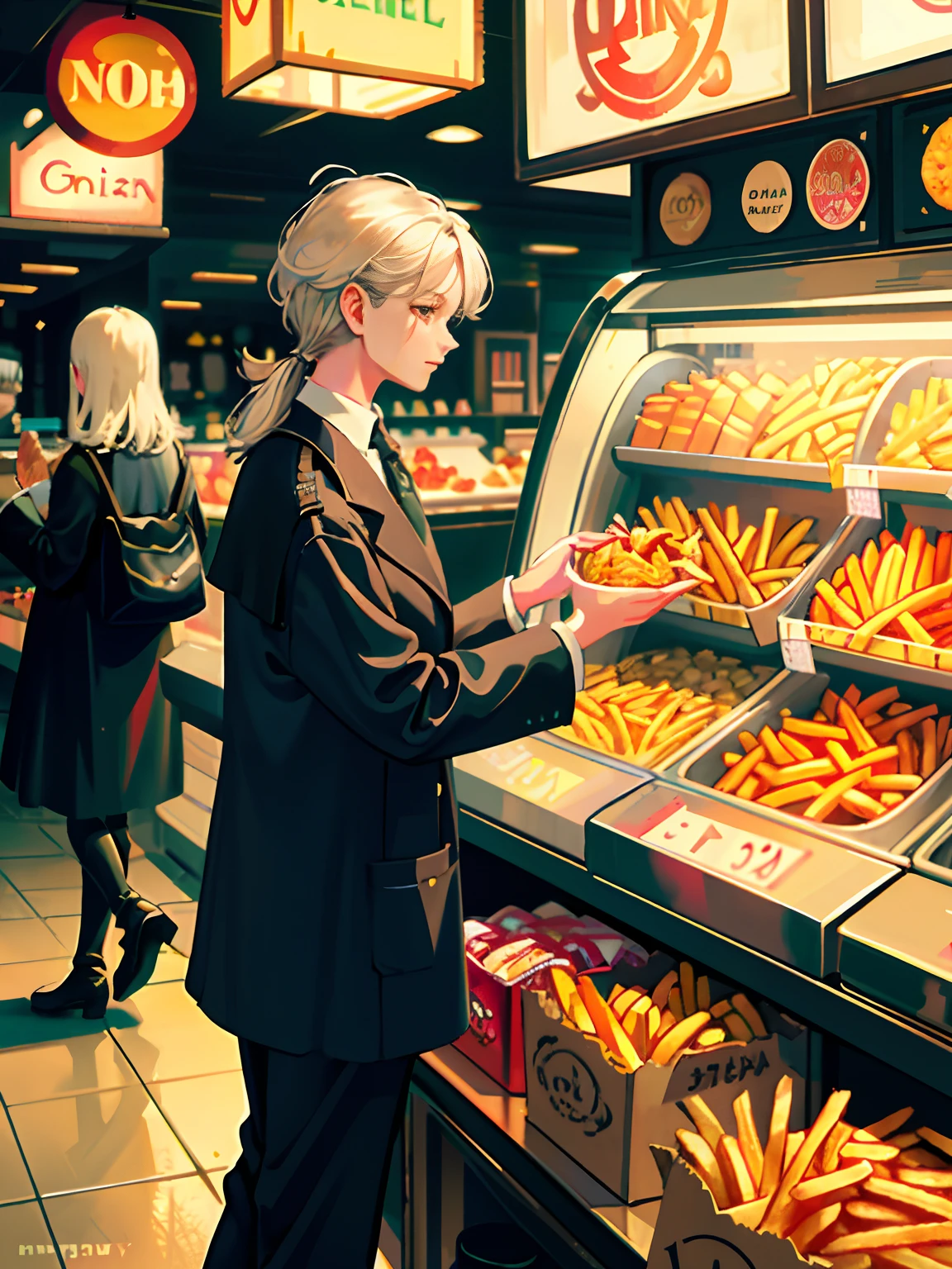 [(transparent background: 1.5)::5],(((masterpiece))),(((best quality))),(((extremely detailed))),illustration, mysterious,vivid color, shiny , (impressionism: 1.4), Pret A Manger, (French Fries), Family Barrel, (Fish and Chips), (snack bar), (food stand), london, (Harry Potter style), wizarding world style, restaurant, food, food service, typography, mysterious fonts, Peaky Blinders