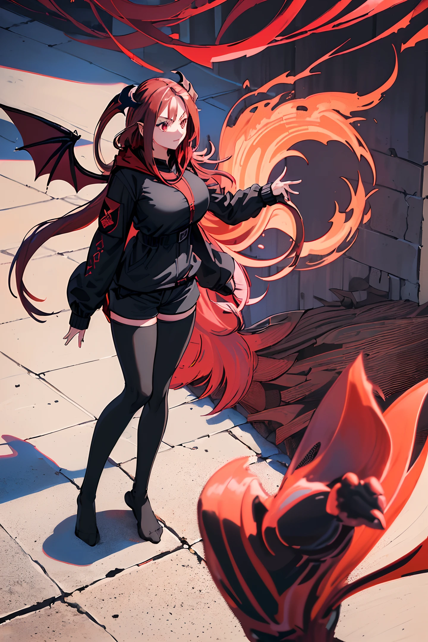 (ultra-detailed CG), (1 girl), (long loose crimson hair:1.7), (black hooded jacket, black shirt, black shorts, tights socks:1.5), (big breasts:1.5), (crimson horns:1), (demon wings:1.5), landing