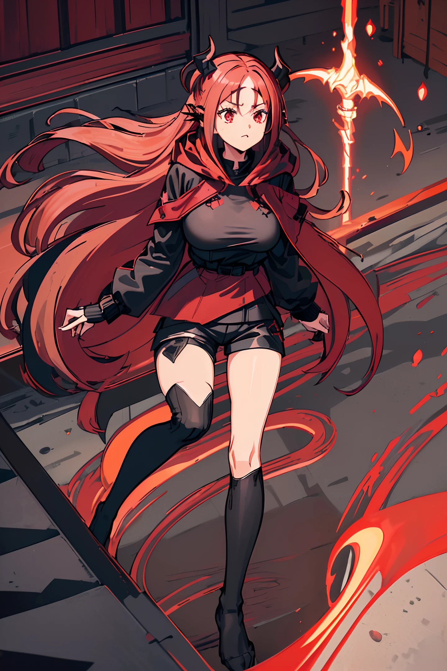 (ultra-detailed CG), (1 girl), (long loose crimson hair:1.7), (black hooded jacket, black shirt, black shorts, tights socks:1.5), (big breasts:1.5), (crimson horns:1), (demon wings:1.5), landing