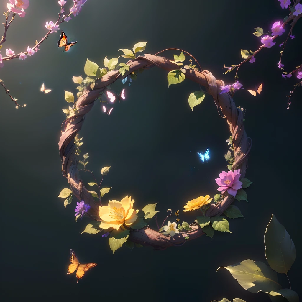 Masterpiece, best quality, (very detailed CG unity 8k wallpaper), (best quality), (best illustration), (best shadow), UI interface frame design, simple background, circle, leaves , branches, vines, flowers, small butterflies, particle effects, delicate, octane rendering, ray tracing, very detailed