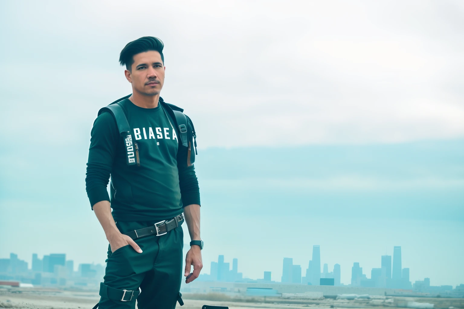 RAW photo, a close up portrait photo of brutal 45 y.o man in wastelander clothes, long haircut, pale skin, slim body, background is city ruins, (high detailed skin:1.2), 8k uhd, dslr, soft lighting, high quality, film grain, Fujifilm XT3