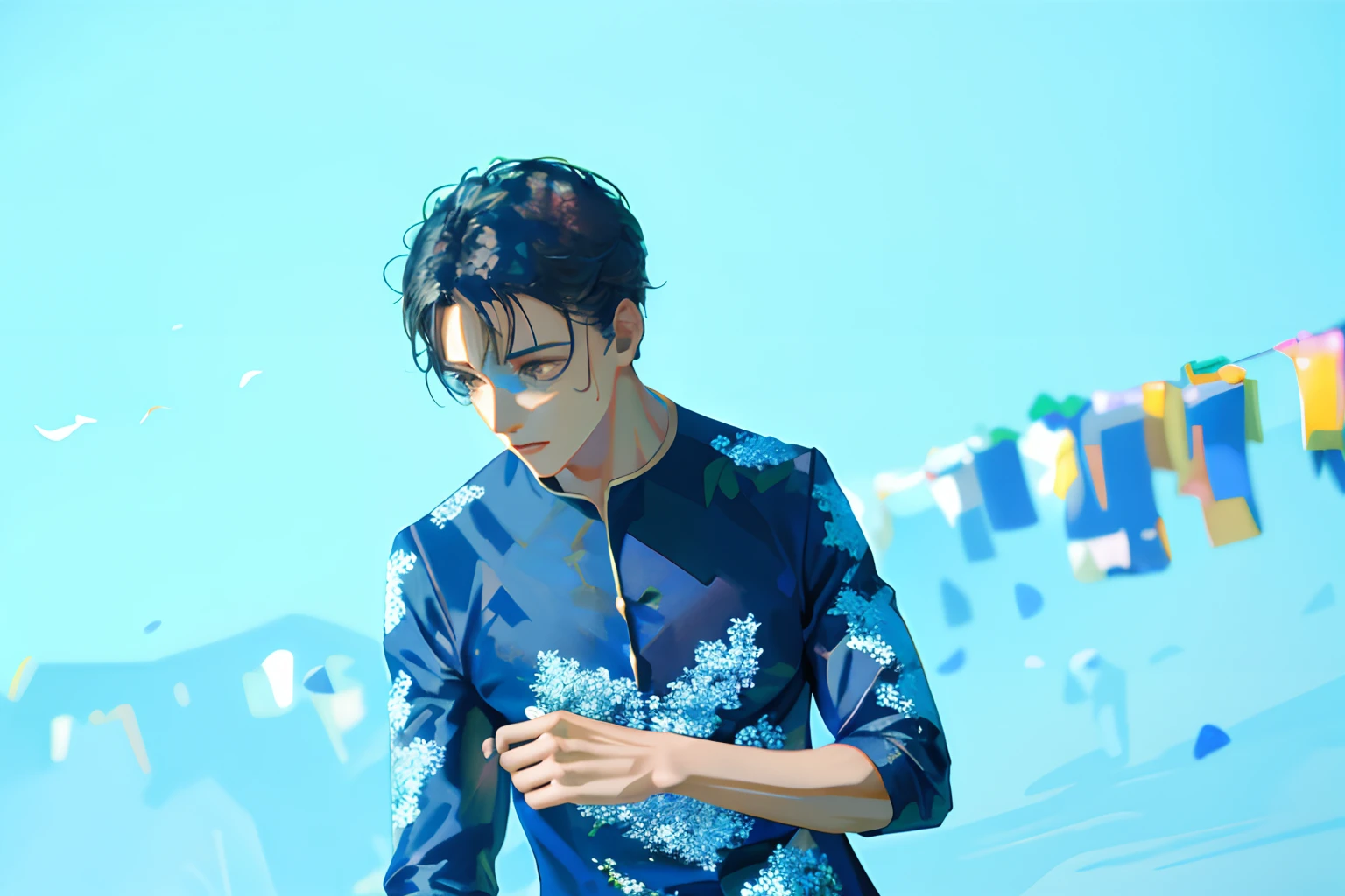 ((masterpiece:1.2, best quality)), 1man, adult, mature, (handsome:1.4), very short hair, forehead, white suit, Forest, flowers blooming, glowing, Sunlight, best light and shadow, Scenery, extremely detailed face, portrait, (muscle:1.4, broad shoulders:1.4), stoic