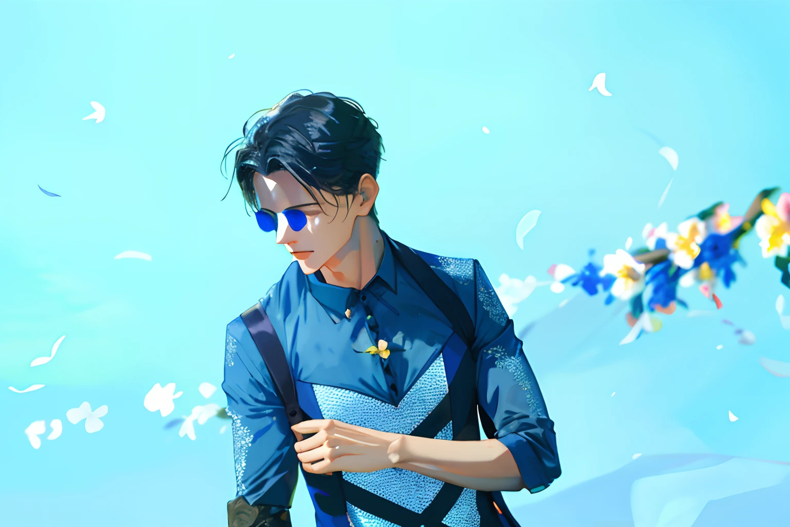 ((masterpiece:1.2, best quality)), 1man, adult, mature, (handsome:1.4), very short hair, forehead, white suit, Forest, flowers blooming, glowing, Sunlight, best light and shadow, Scenery, extremely detailed face, portrait, (muscle:1.4, broad shoulders:1.4), stoic
