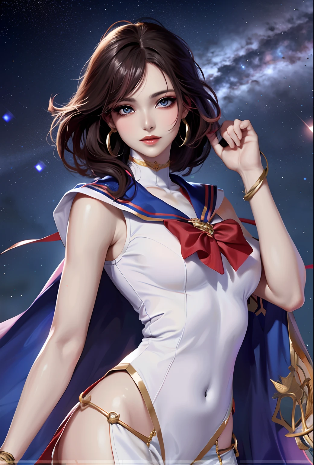 (Best picture quality: 1.2, Masterpiece: 1.2), super high resolution, exquisite details, exquisite details and texture, (1girl, solo), atmospheric perspective, upper body, detailed face, makeup, shiny skin, (light blue color hair), very long hair, looking at viewer, red eyes, earrings, small breasts, slender body, (white robot: 1.4), (((future city: 1.6, by the river, beautiful background))), perfect lighting, (((front lighting)), physically based rendering,