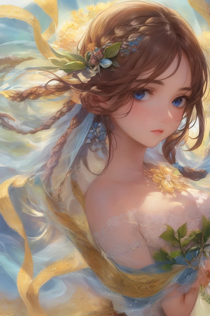 masterpiece, best quality, hyperrealistic,
photo fine print of 1woman, french, upper body portrait, freckled face,
beautiful detailed eyes, perfect face, beautiful detailed face,  overhead view,
amazing sharp focus, ultra detailed, soft skin,
braided hair, multicolored hair,
blue eyes,
nuisette, wearing a nuisette, floral embroidery,
 sun flare,  floating particles, frozen atmosphere,  creek,
