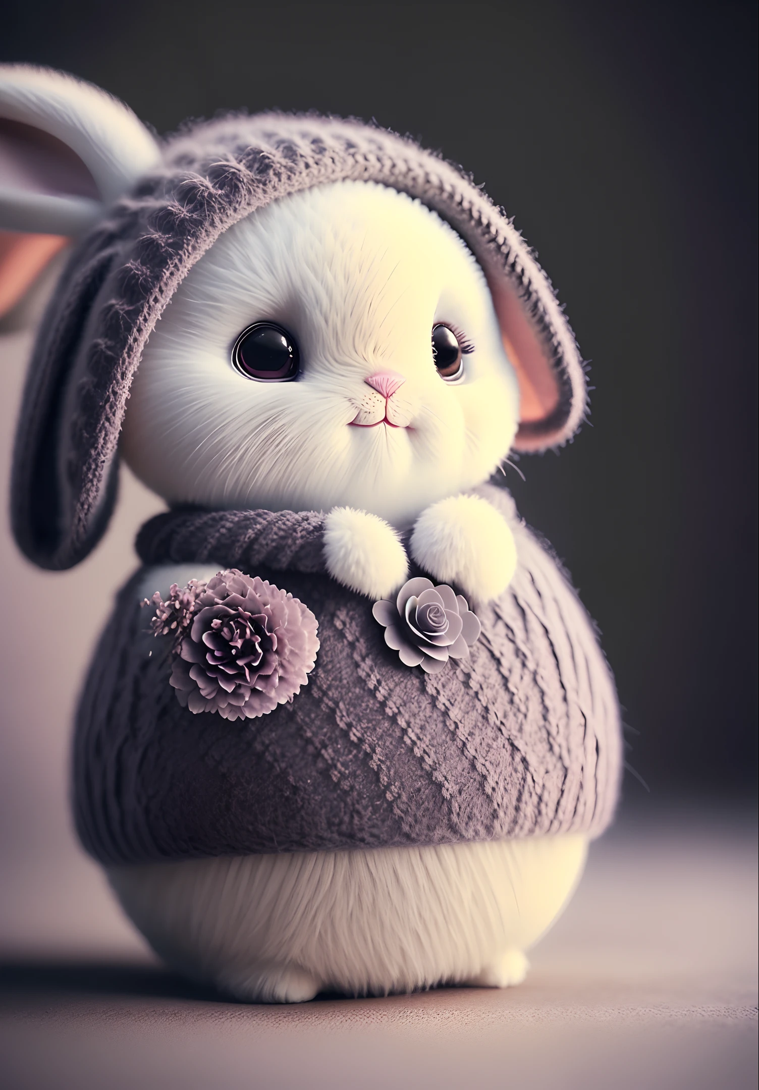 8K, bunny, blur, bunny, flower, nature, no_humans, depth of field, to8contrast style, DARK_Glam, wearing DRK_Glam, deep shadows, (dark: 1.4)