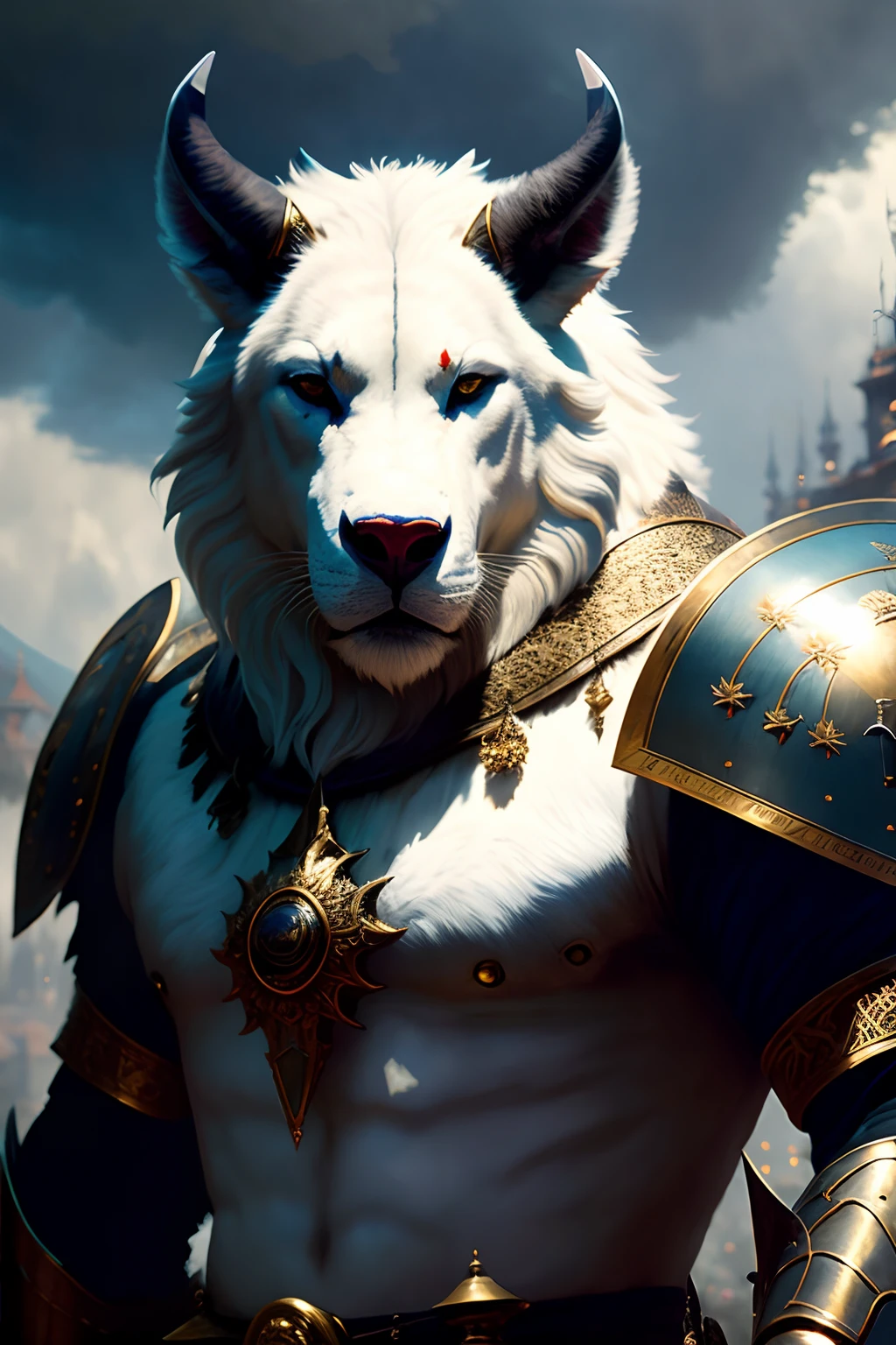 model style, (extremely detailed CG Unity 8k wallpaper), photo of the most beautiful piece of art in the world, medieval armor, body portrait, big white beast, Ed Blinky's professional majestic oil painting, Athea Gaylan, Studio Ghibli, Jeremy Mann, Greg Manchess, Antonio Moreau, trending on ArtStation, trending on CGSociety, Intricate, High Detail, Sharp focus, dramatic, photorealistic painting art by Midjourney and Greg Rutkowski