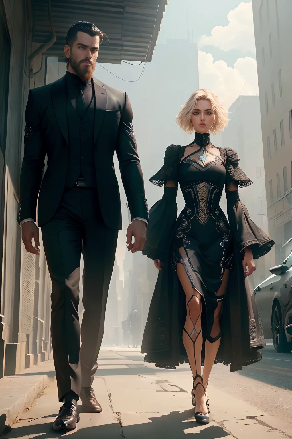 A realistic cinematographic scene of one 40 year old male cyborg, full body standing in a simple cyberpunk landscape.
Wearing an elegant casual outfit on top of her (Insanely Intricate anatomically adapted (graphene:1.1) biomechanical symmetrical arms and biomechanical legs. Insanely detailed, elegant and ornate symmetrical Mandelbulb fractal body details with kyanite gems).
Tall fit classic body with a handsome rectangular face, almond eyes, thin lips, short straight nose, classic black short manly trimmed hair and short trimmed beard with no sideburns, (empty hands),
Scene captured with bright soft natural light, dramatic shadings and beautiful vibrant colors.
8k resolution image with cyberpunk style, insanely intricately symmetrical details.
The scene has a indomitable mood with the main presence of a complete scene of one male full body standing with fluid body movements and a confident expression.