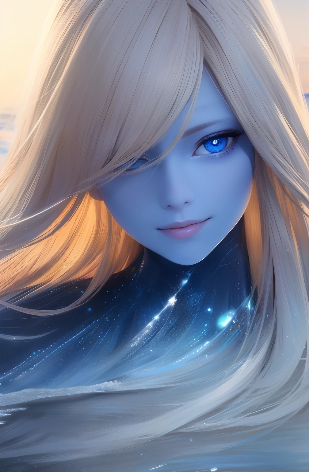 Pretty Female, Windblow blonde hair, glowing blue eyes, realistic, masterpiece, high detailed, 4K, beach background, high detailed light, little smile, white skin