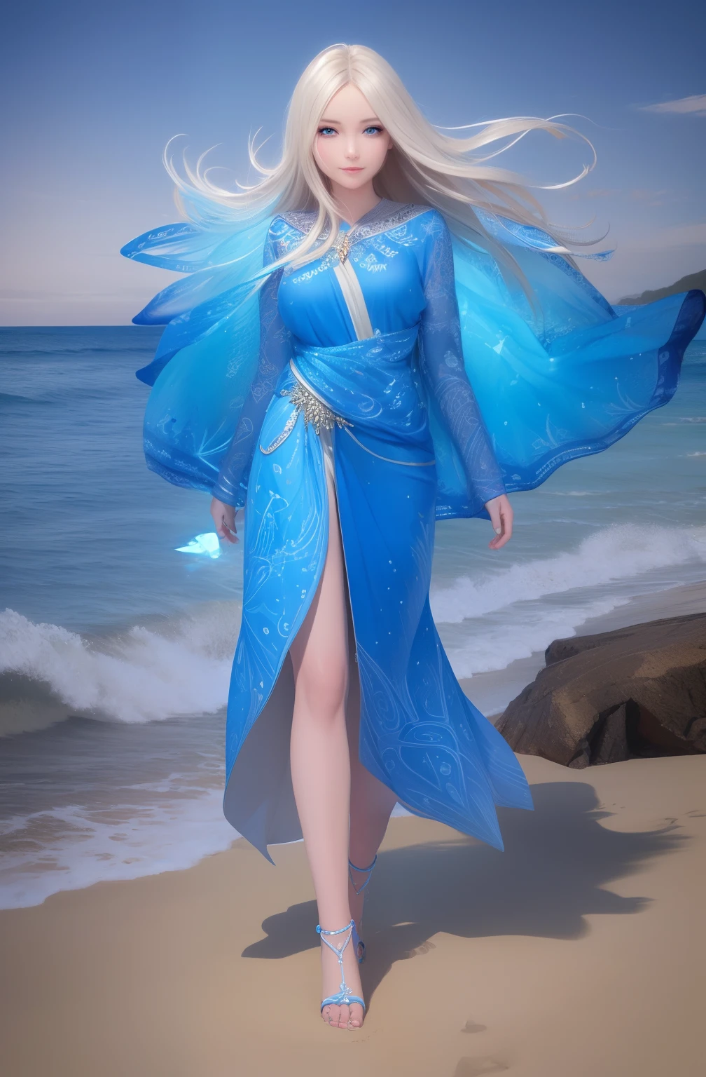 Pretty Female, Windblow blonde hair, glowing blue eyes, realistic, masterpiece, high detailed, 4K, beach background, high detailed light, little smile, white skin-upscale , full body