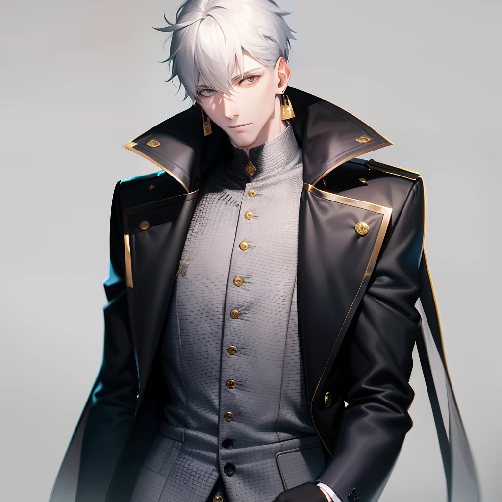 A tall and gray-skinned handsome guy with white hair and gold earrings on his ears against a clean background