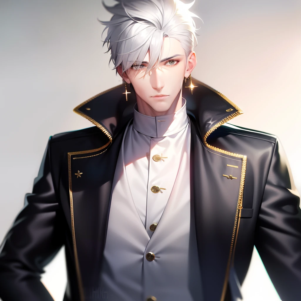 A tall and gray-skinned handsome guy with white hair and gold earrings on his ears against a clean background