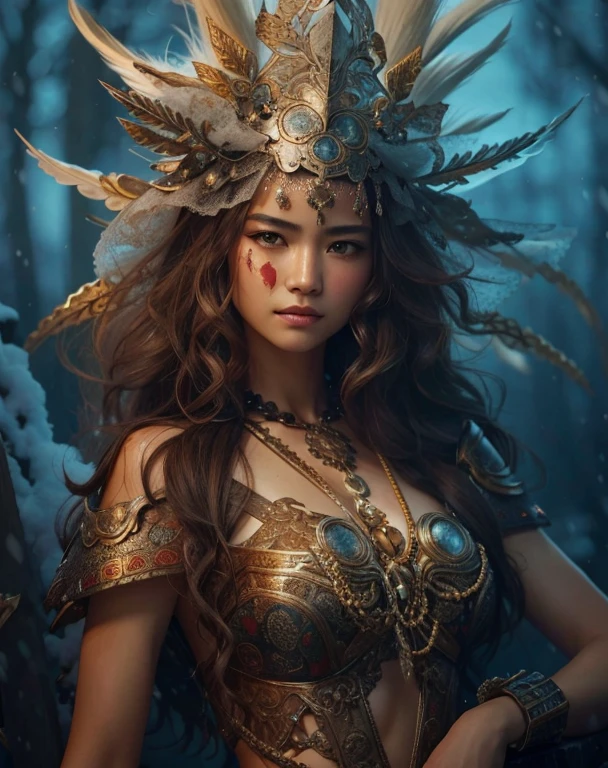 (redo armor details: 2) (redo beautiful asian latino face features), (beautiful sad eyes, a feeling of despair:1.2),(photorealistic:1.4),(masterpiece:1.3),(best quality:1.4),ultra high res, HDR,8k resolution. A closeup stylish glamour photo of a warrior goddess, battleworn, blood sprinkled, surrounded by mesmerizing nature. (Redo snow-white hair: 1.9), intricate but broken head wear, high detail battleworn rusted iron armor. Medium big sized breast, slim waist and hips, a pair of beautiful long legs, perfectly rounded hips