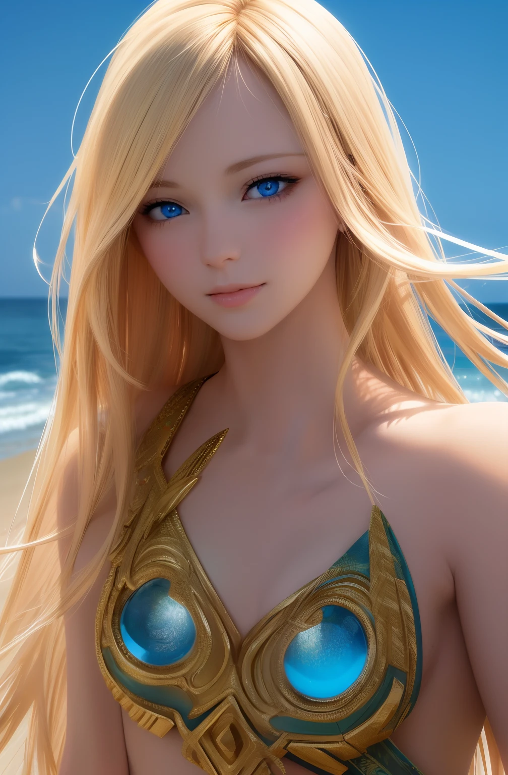 Pretty Female, Windblow blonde hair, glowing blue eyes, realistic, masterpiece, high detailed, 4K, beach background, high detailed light, little smile, white skin