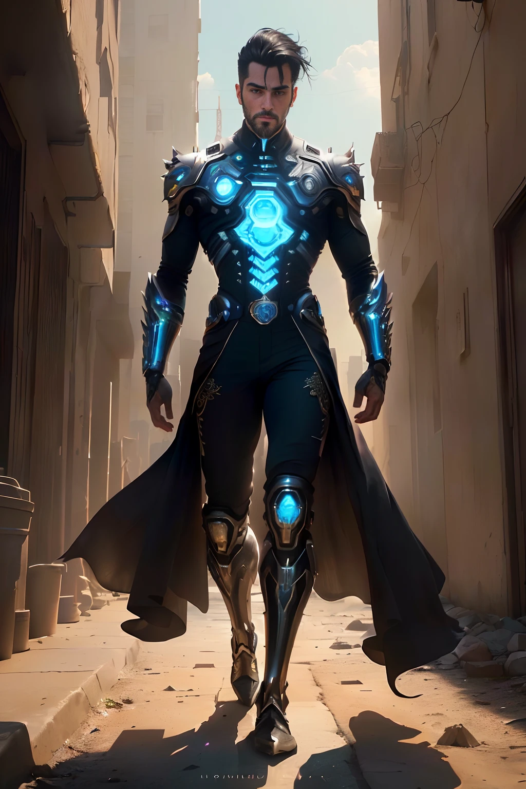 A realistic cinematographic scene of one 40 year old male cyborg, full body standing in a cyberpunk barren place with stunning cloudscape.
(Wearing an elegant casual outfit) on top of her Insanely Intricate anatomically adapted (graphene:1.1) biomechanical symmetrical arms and biomechanical legs. Insanely detailed, elegant and ornate symmetrical fractal body details with kyanite gems.
Tall fit manly body with a handsome rectangular face, almond eyes, thin lips, short straight nose, straight black hair and short trimmed beard with no sideburns, (empty hands),
Scene captured with bright soft natural light, dramatic shadings and beautiful vibrant colors. Romanticism art style.
8k resolution image with cyberpunk style, insanely intricately symmetrical details.
The scene has a indomitable heroic mood with the main presence of a complete scene of one male full body standing with fluid body movements and a confident expression.