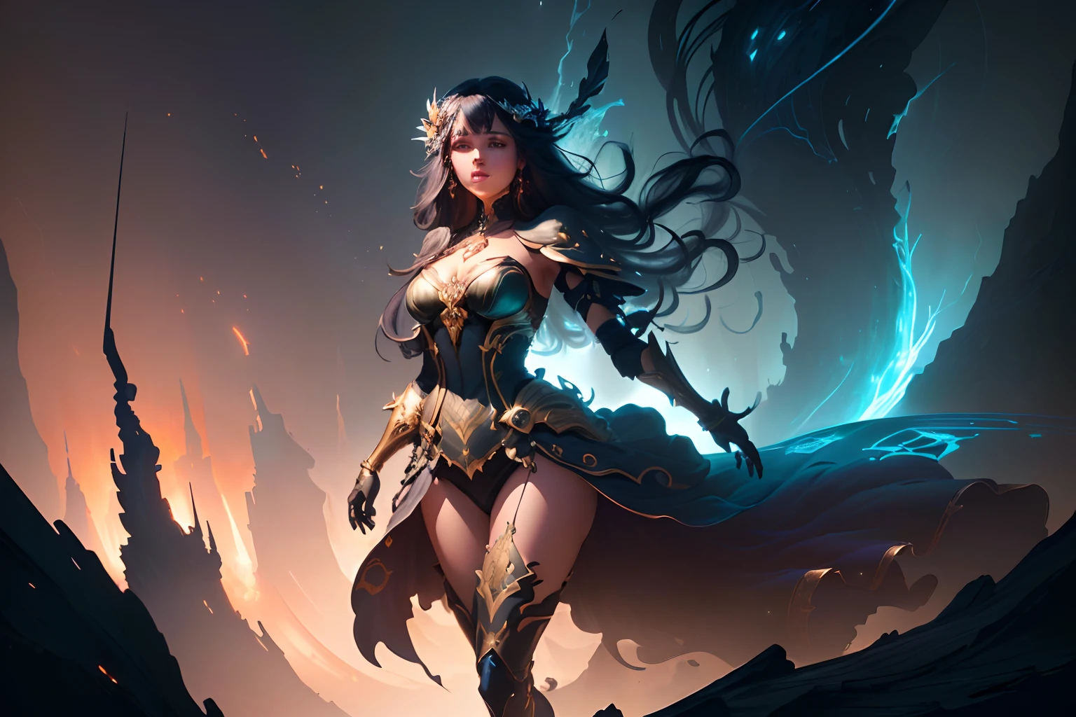 masterpiece, best quality, (extremely detailed CG unity 8k wallpaper), (best quality), (best illustration), (best shadow), absurdres, realistic lighting, (Abyss), beautiful detailed glow, art by PeterMohrBacher, 1girl, goddess, dress, fantasy, realistic anime