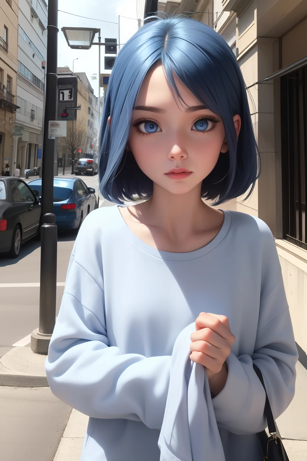 best quality, masterpiece, blue hair, blue eyes, street, street lamp, upper body