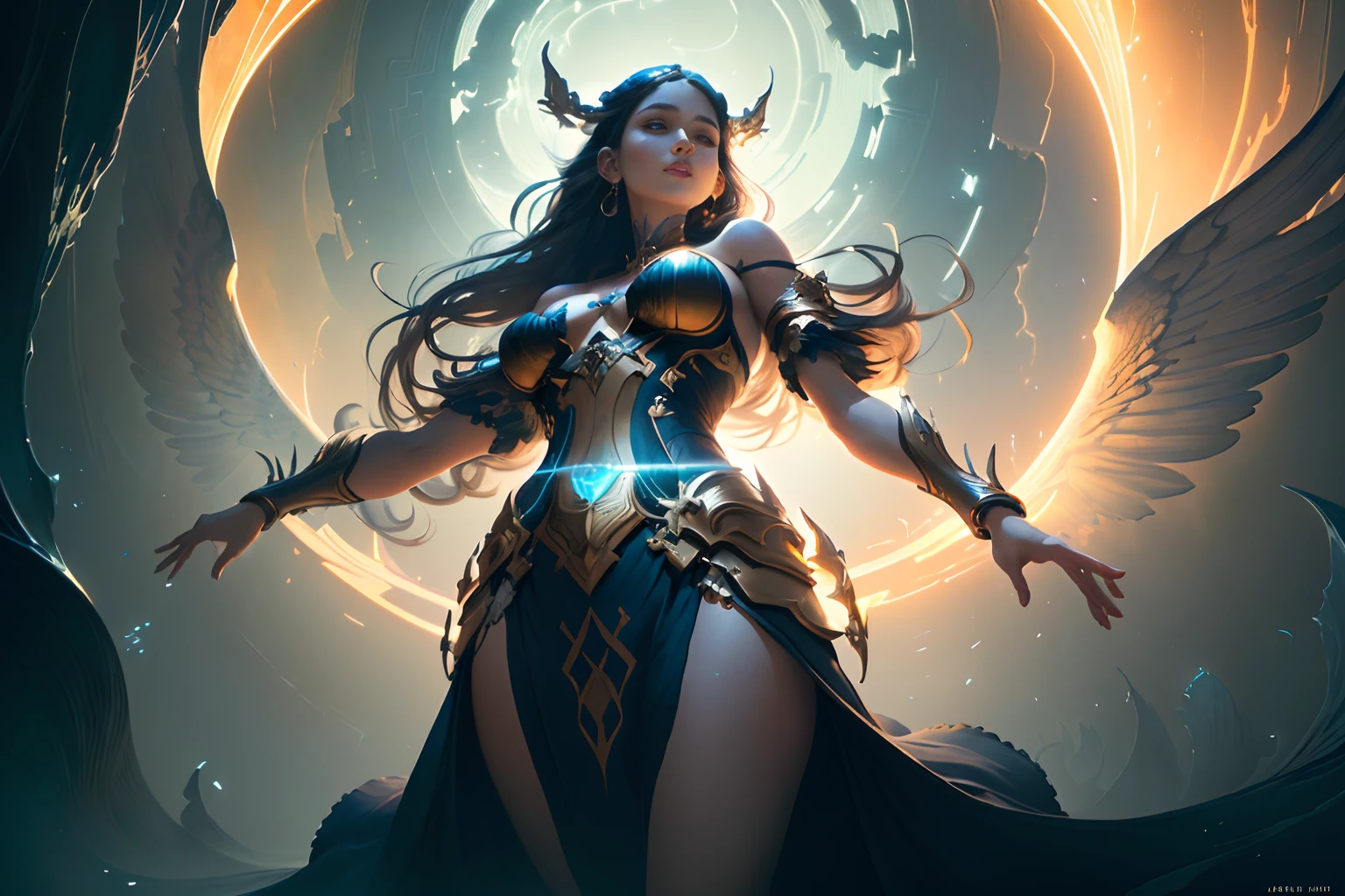 masterpiece, best quality, (extremely detailed CG unity 8k wallpaper), (best quality), (best illustration), (best shadow), absurdres, realistic lighting, (Abyss), beautiful detailed glow, art by PeterMohrBacher, 1girl, mature woman, goddess, bare shoulders, dress, (from below, angle views),