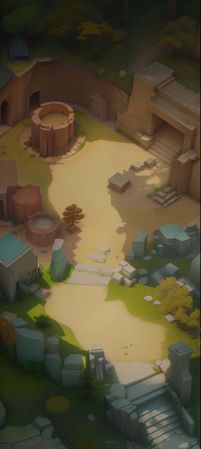 Masterpiece, best quality, (highly detailed CG unity 8k wallpaper), (best quality), (best illustration), (best shadows), flagstone road flanked by pine forests, portal ruins at top right, sunlight , isometric 3D, Octane rendering, ray tracing, highly detailed