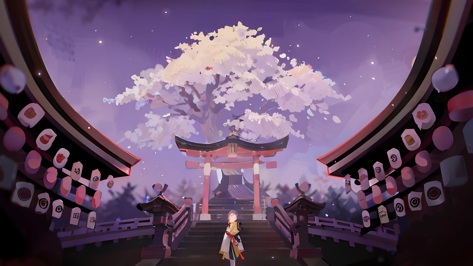 Masterpiece, best quality, rich details, sakura trees, eaves full of beautiful lanterns, a girl in kimono in the middle