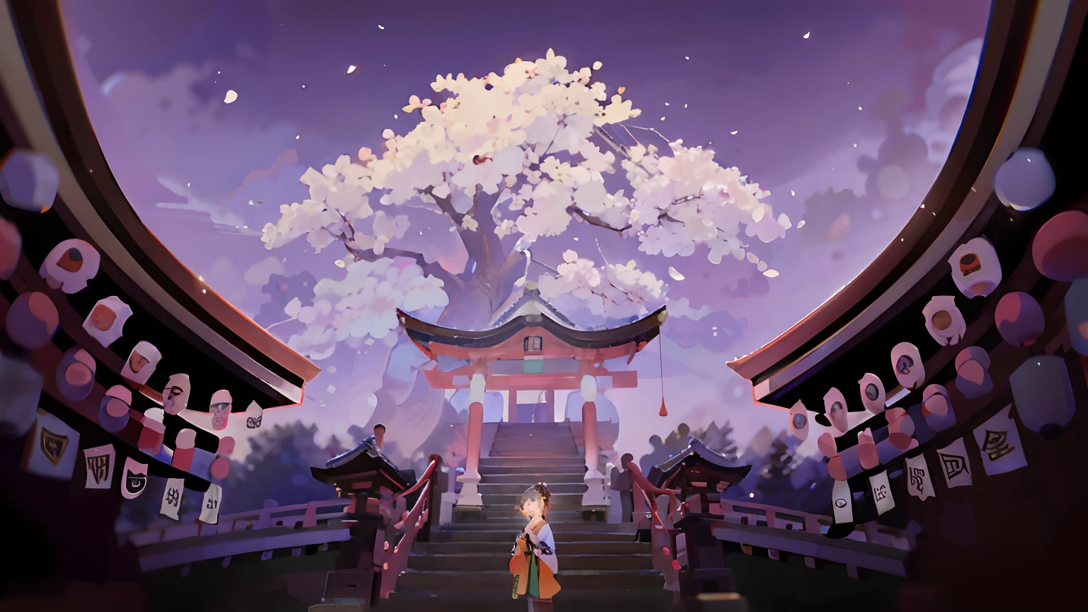 Masterpiece, best quality, rich details, sakura tree, japanese architecture, eaves with beautiful lanterns, girl in kimono in the middle