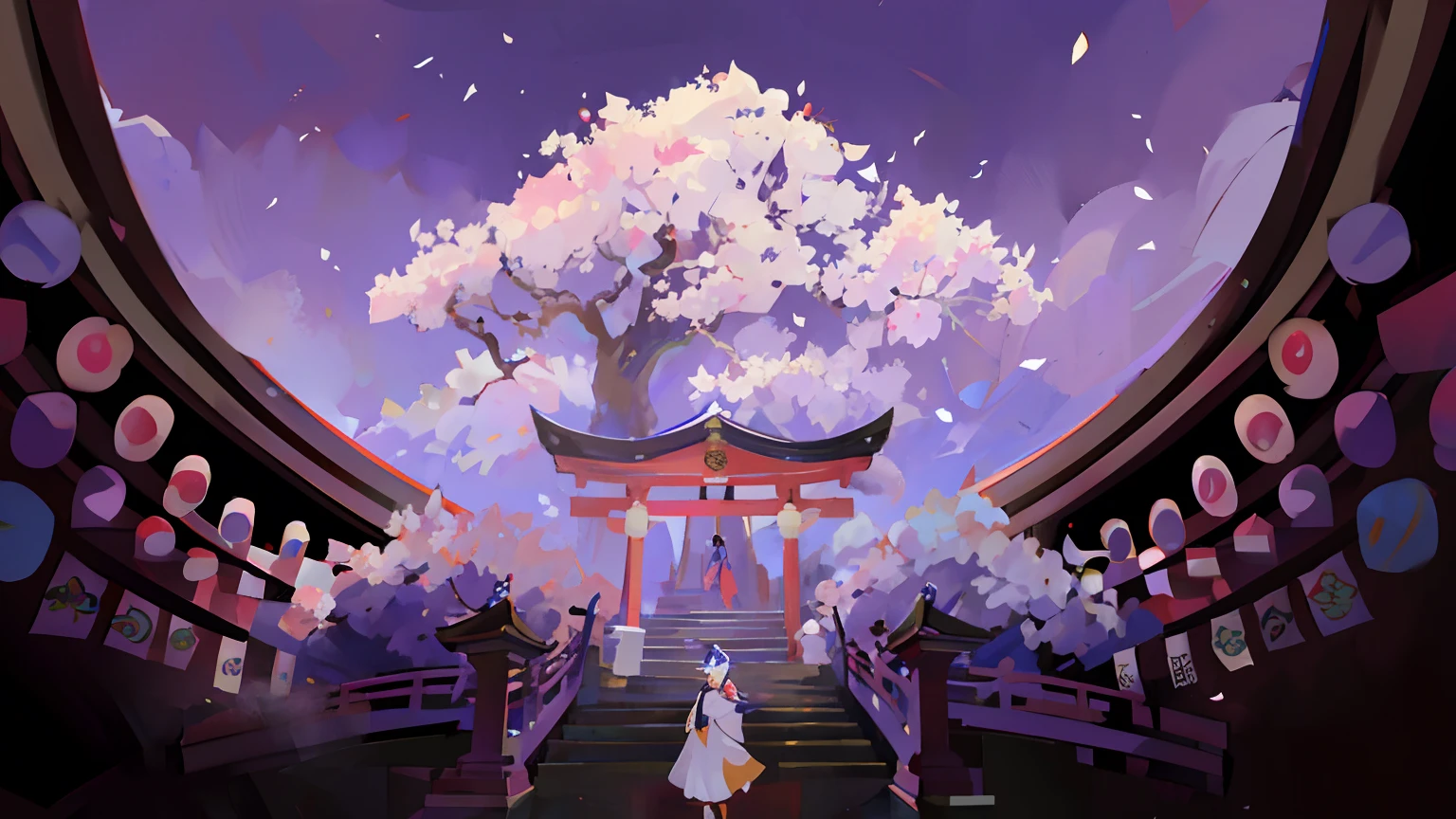 (masterpiece),(highest quality: 1.0),(ultra high quality:1.0),detailed illustration,fantasy,masterpiece, best quality, rich details, sakura tree, japanese architecture, eaves with beautiful lanterns, in the middle Kimono girl, detailed sky, (mysterious cherry tree)