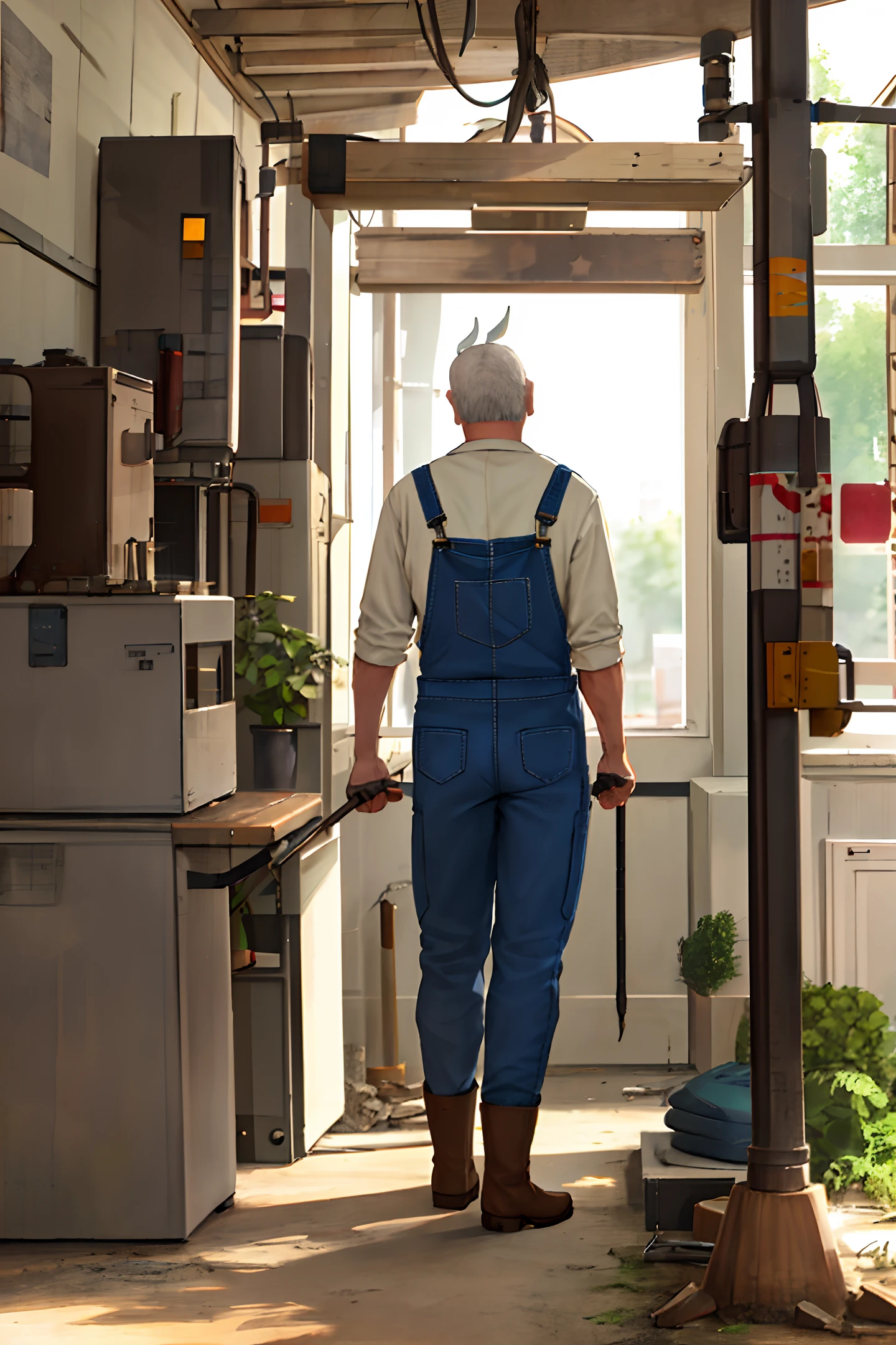 Generate three views, front view back view and side view, full body, cute old man, wearing overalls and boots, boring pose, standing, farmer, holding a hoe