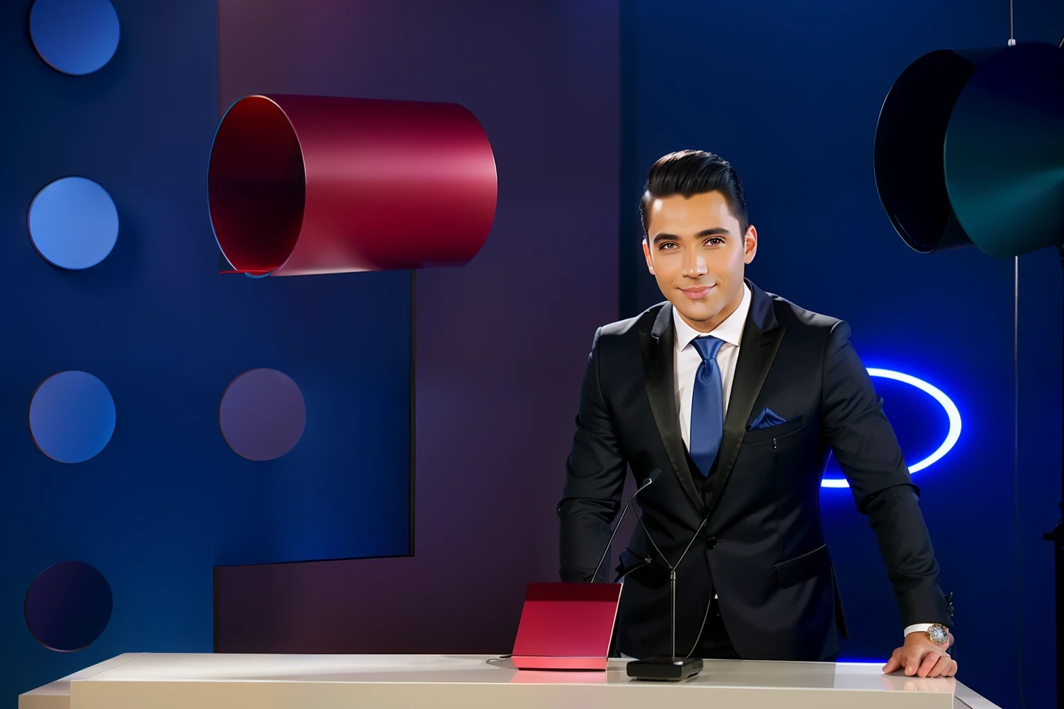 teleshop show presenter, jewelry products, modern studio