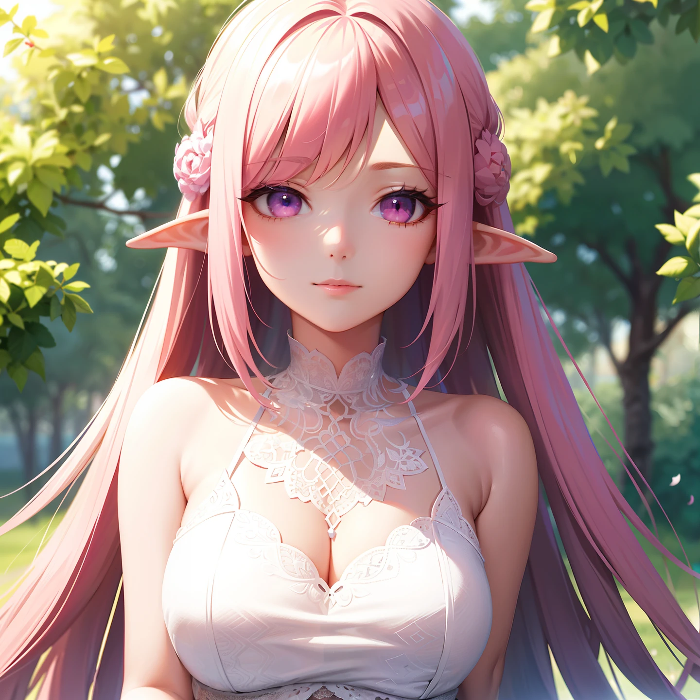 1girl, pink long hair, straight hair, sideswept hair, large breasts, (epic), (elegant), ((detailed)), ((best quality)), ((masterpiece, sidelighting, finely detailed beautiful eyes: 1.2)), extremely_detailed_wallpaper, highres, ((lace)), beautiful detailed glow, masterpiece*portrait, 3d face, lustrous skin, upper body, realistic, perfect face, elf ears, pink eyes, cloudy sky, outdoors, flower petals