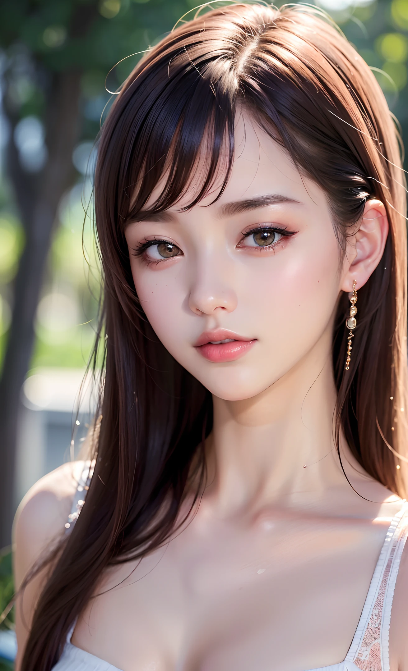 Young beautiful girl, (8k, RAW photo, photorealistic: 1.25), (lip gloss, eyelashes, glossy face, glossy skin, best quality, ultra high resolution, depth of field, chromatic aberration, caustics, wide light, natural shading, Kpop idol) looks at the viewer with a serene and god-like happiness,