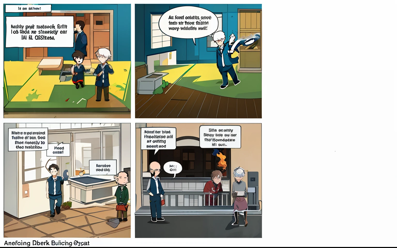 A four-image storyboard: Description:
Picture1 Description: A classroom setting with Peter smirking as he pulls a fire alarm lever. His classmates and teacher are shown in the background, startled by the sudden alarm.
Picture2 Description: Peter is at the snack store, looking through the window with a shocked expression on his face. In the background, the teaching block is shown with smoke and flames coming out of the windows.
Picture3 Description: Peter is running towards the burning teaching block, trying to warn his classmates and teachers who are still inside. They look at him sceptically, not believing his words.
Picture4 Description: The aftermath of the fire, with firefighters and paramedics attending to the injured students and teachers. Peter is sitting on the ground, looking devastated and remorseful.