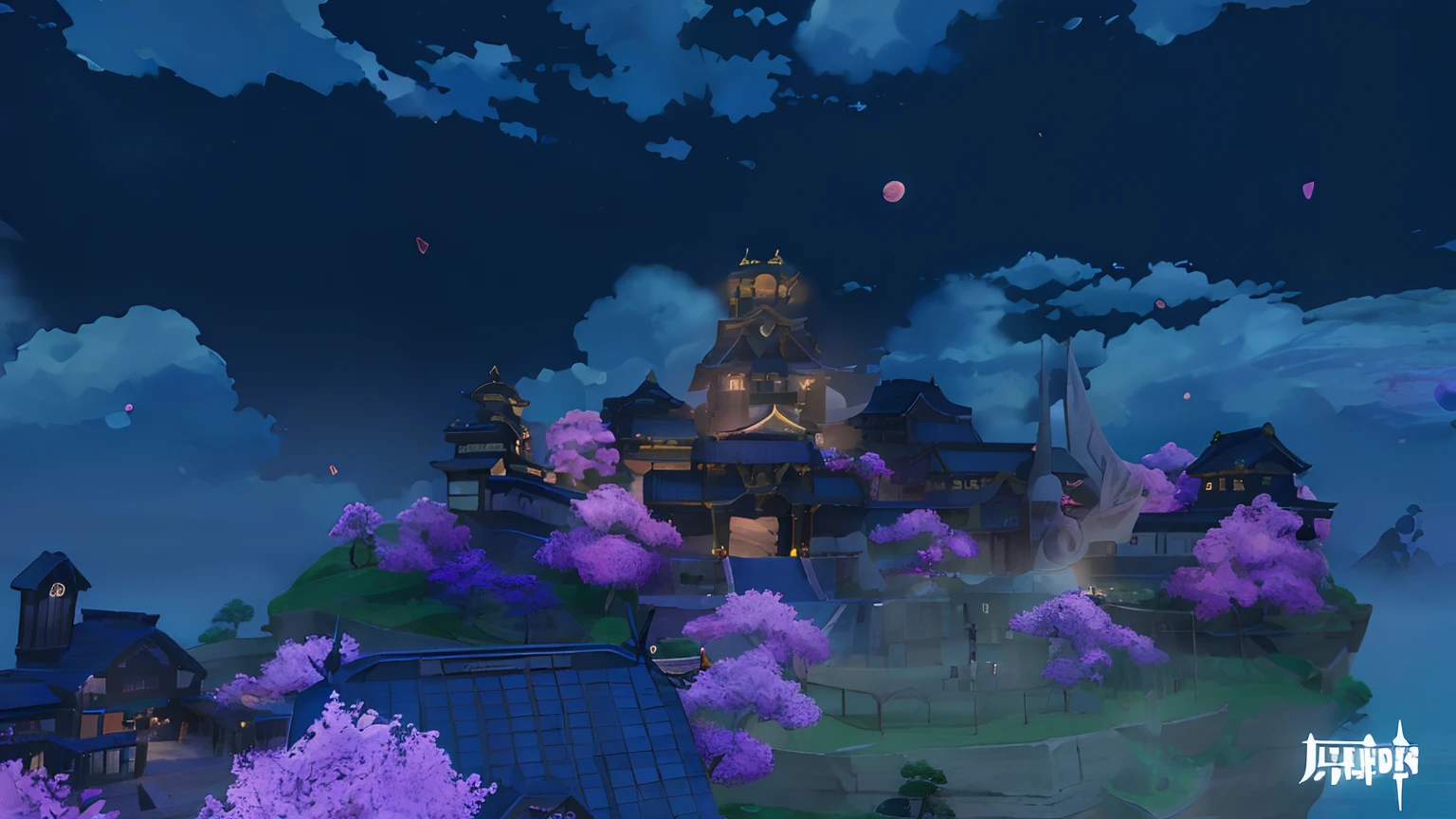 ((masterpiece, best quality)), night, island, building, purple tree, vista,